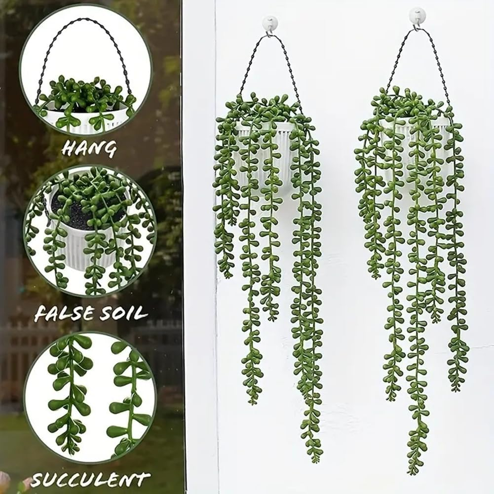 DWIND 2 PCS Artificial Succulents Hanging Plants Fake Pearl Bean Strings Lovers Tears Succulent Hanging Plants for Wedding, Home, Garden, Party, Office, Wall Decoration