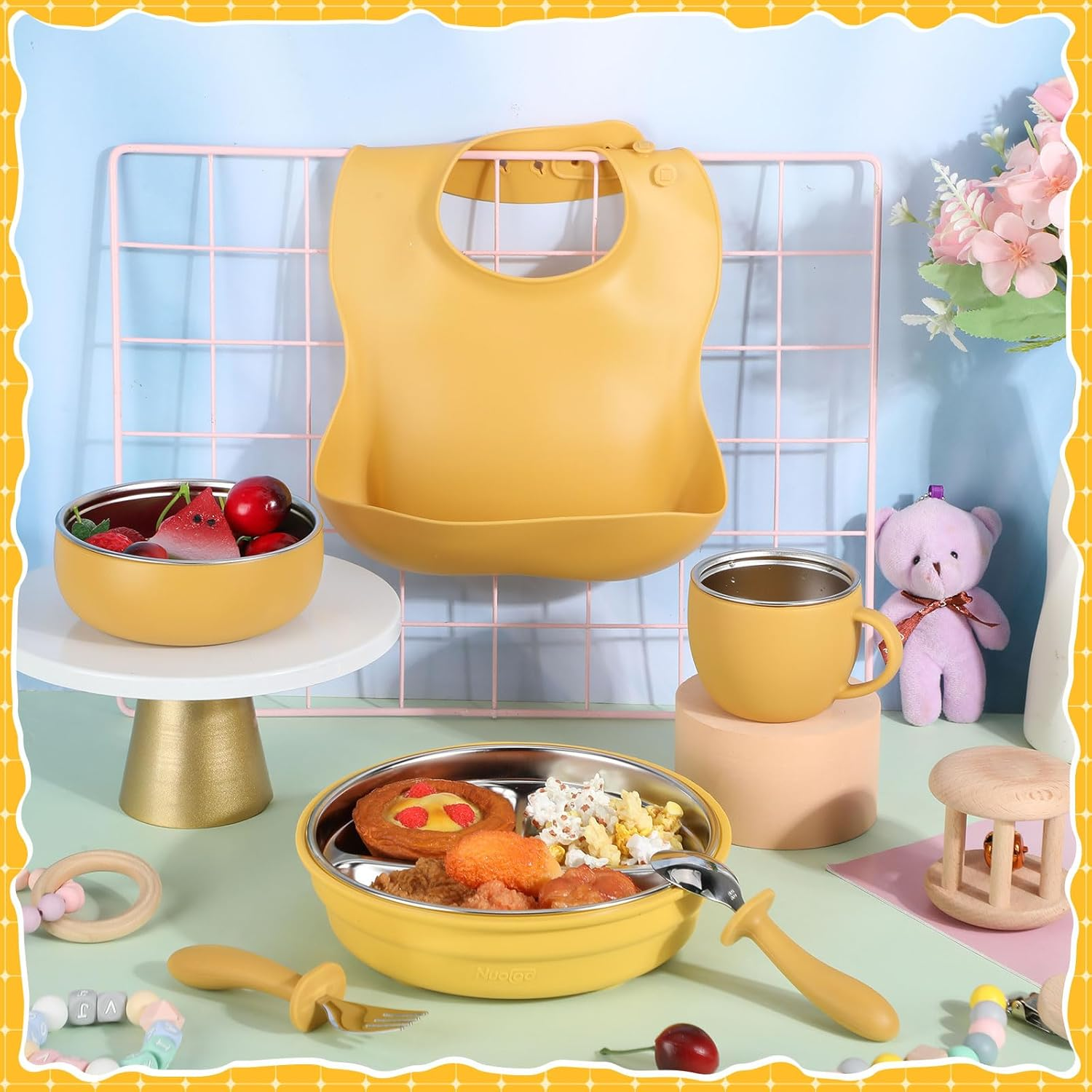 Nuogo 6 Pcs 304 Stainless Steel Kids Plates and Bowls Set Stainless Steel Suction Bowls and Toddler Cup with Removable Silicone, Forks Spoons Pocket Bib for Baby Toddle(Yellow,Round) - Pink image number 5