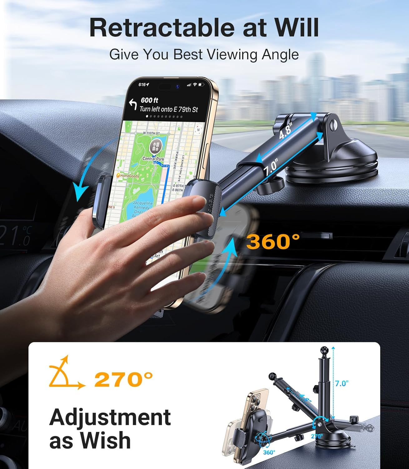 Phone Holder Car [Military Grade Suction Ultra Strong Base] Cell Phone Car Holder 3 in 1 Dashboard Windshield Air Vent image number 1