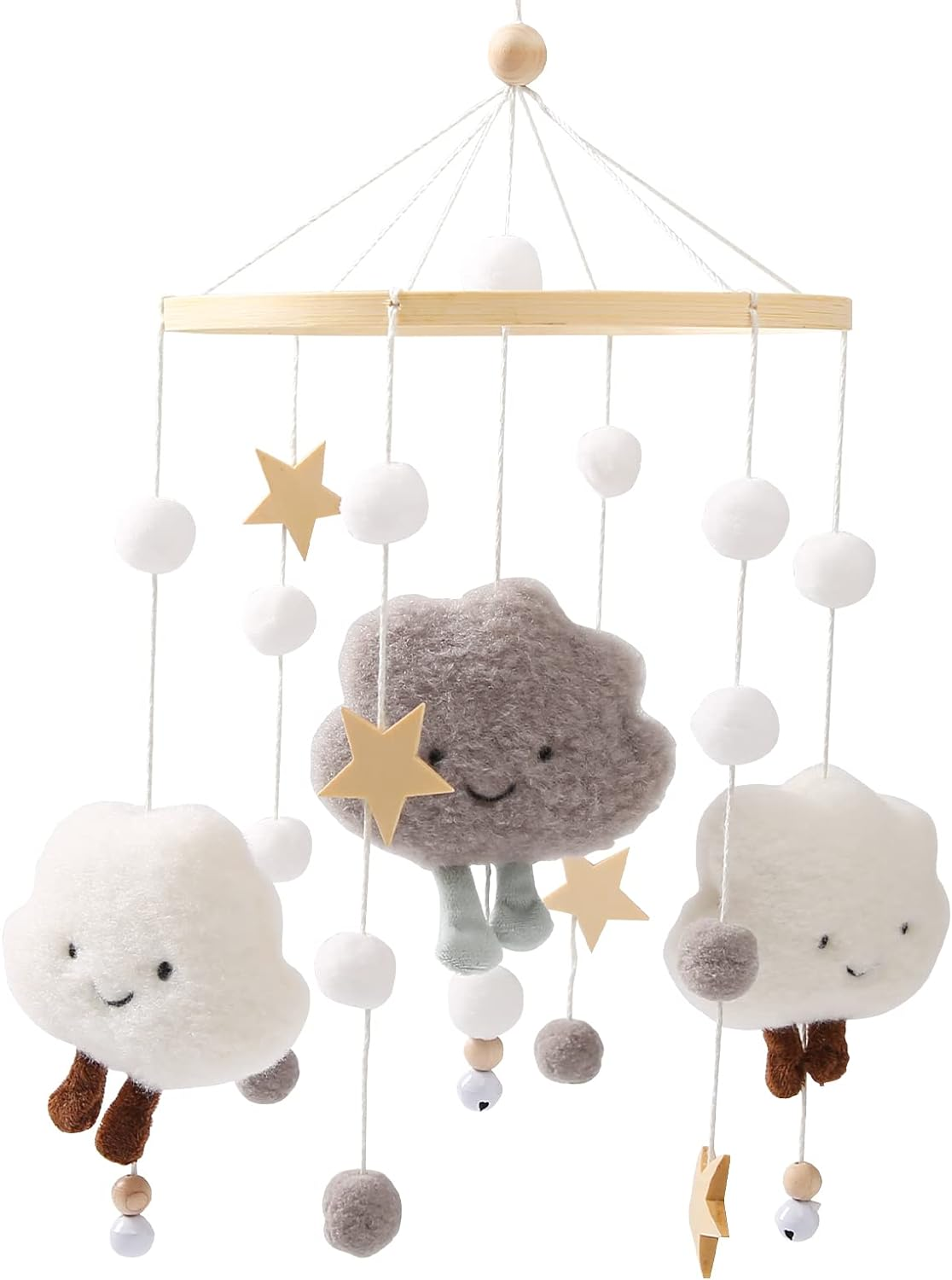 Promise Babe Wooden Crochet Mobile with Felt Balls Clouds Stars for Baby Room Decoration - Grey