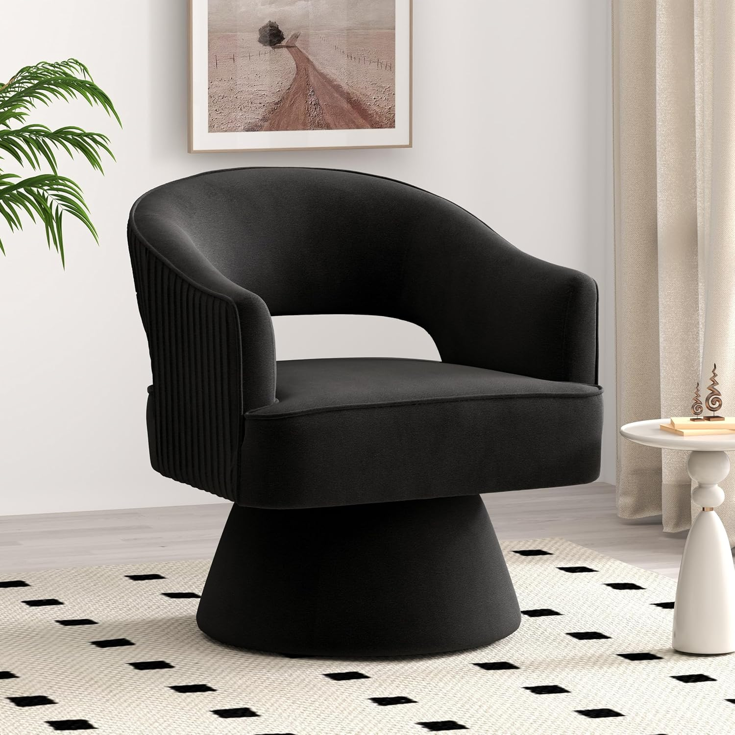 Mid Century Modern Swivel Accent Chair, 360 Degree Swivel Barrel Chair, Upholstered Lounge Chair Comfy Vanity Chair, Striped Velvet Armchair for Living Room Sofa, Bedroom, Reading Room(Gray)