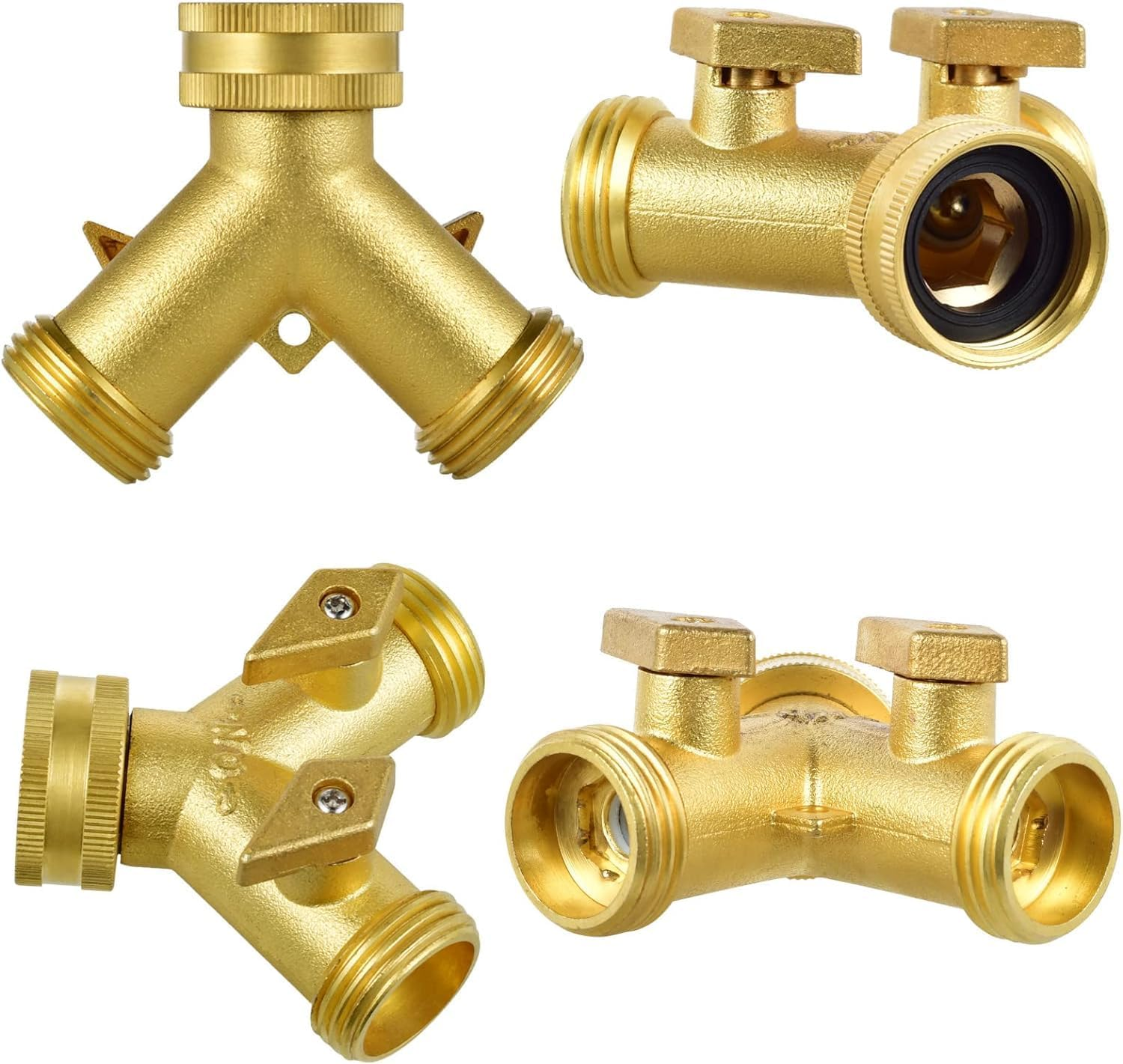2 Way Heavy Duty Brass Garden Hose Connector Tap Splitter for Lawn and Garden - Outlet with 2 Valves, Hose Spigot Adapter, plus 4 Extra Rubber Washers - Updated Version