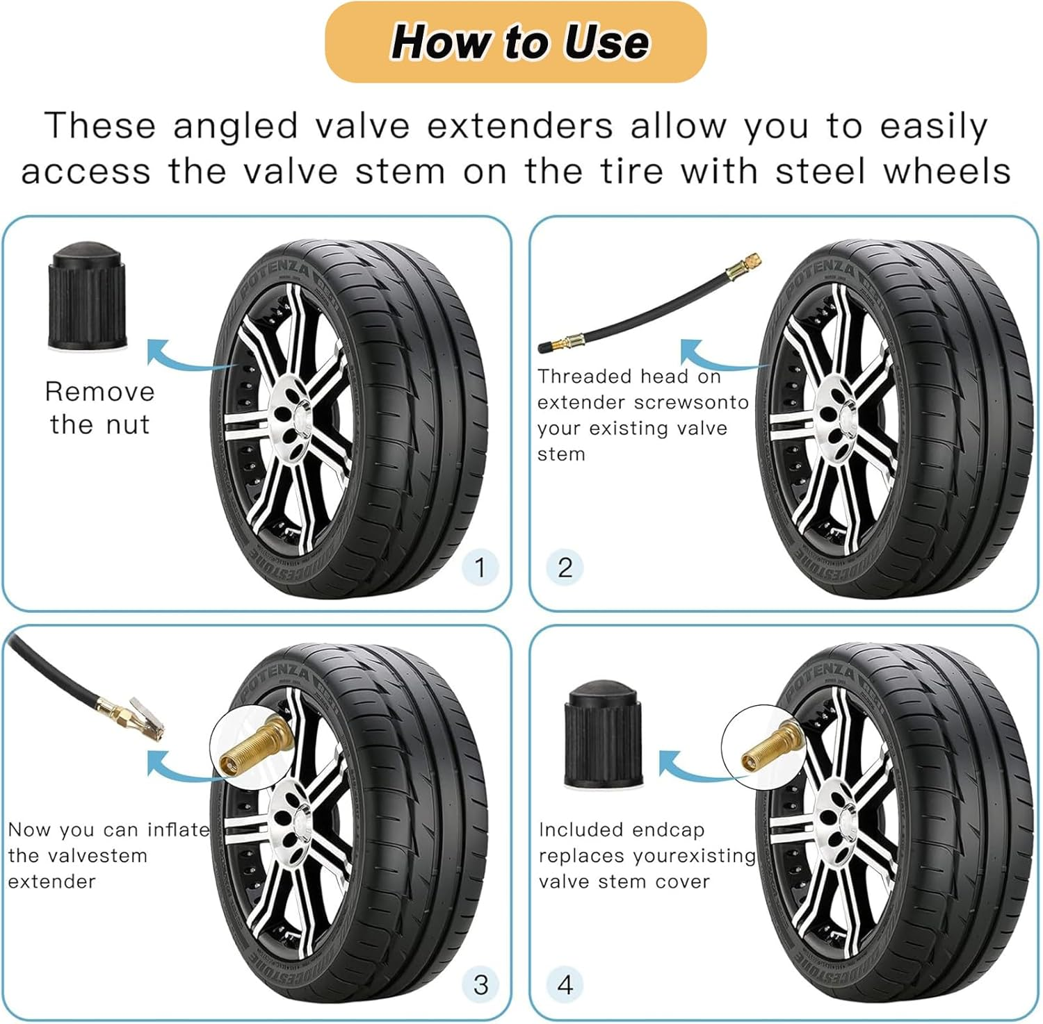 2 Pieces Tire Valve Extension Adapter, 160Mm Flexible Rubber Tyre Valve Extension Hose with Valve Cap, Tire Repair Tool for Car, RV, Motorcycle, Truck and MTB Road Bike image number 6