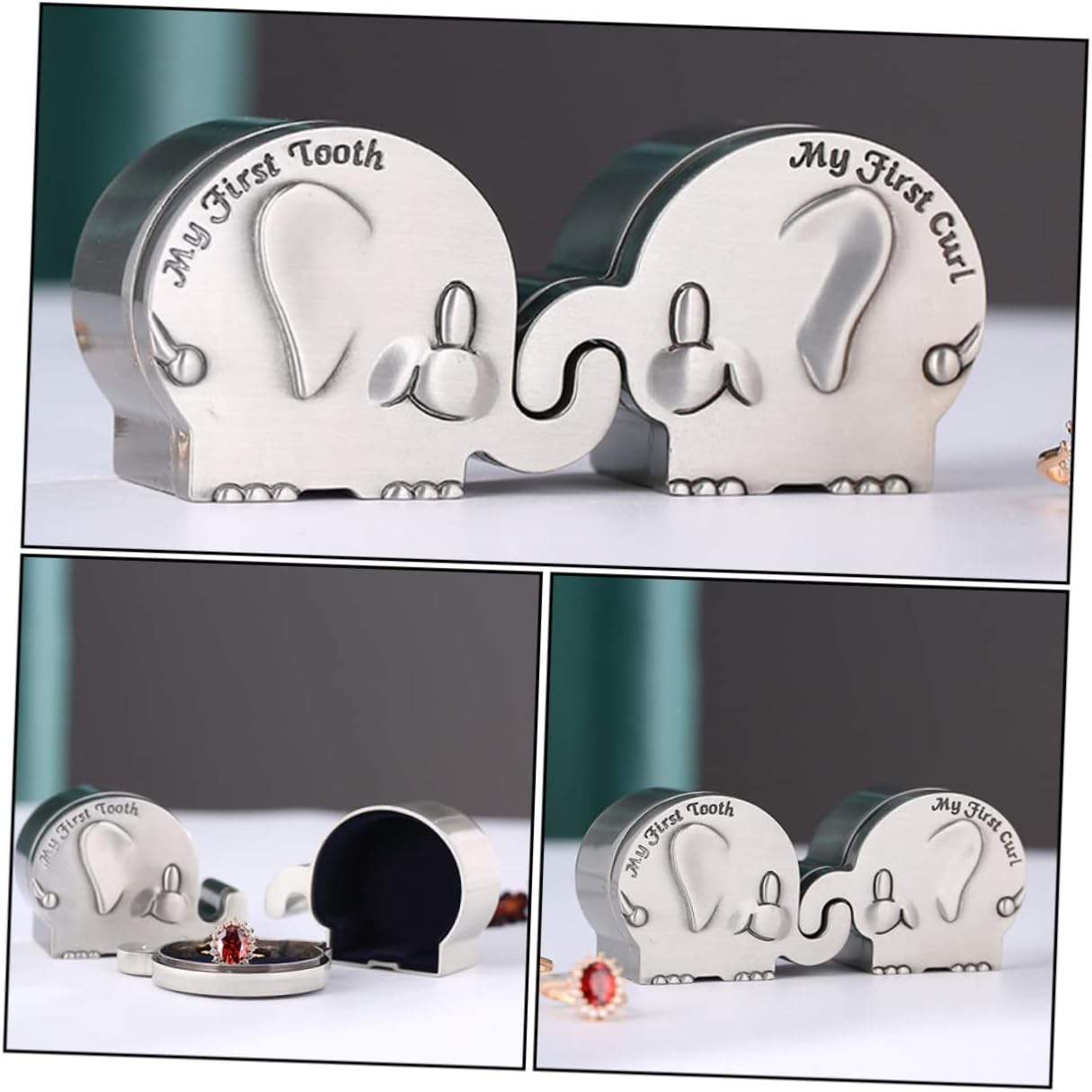 Fetal Hair Collection Box My First Curl Box My First Tooth Newborn Keepsake for Newborn Shower Metal Elephant Shape Silver Small for Teeth and Hair Storage image number 2