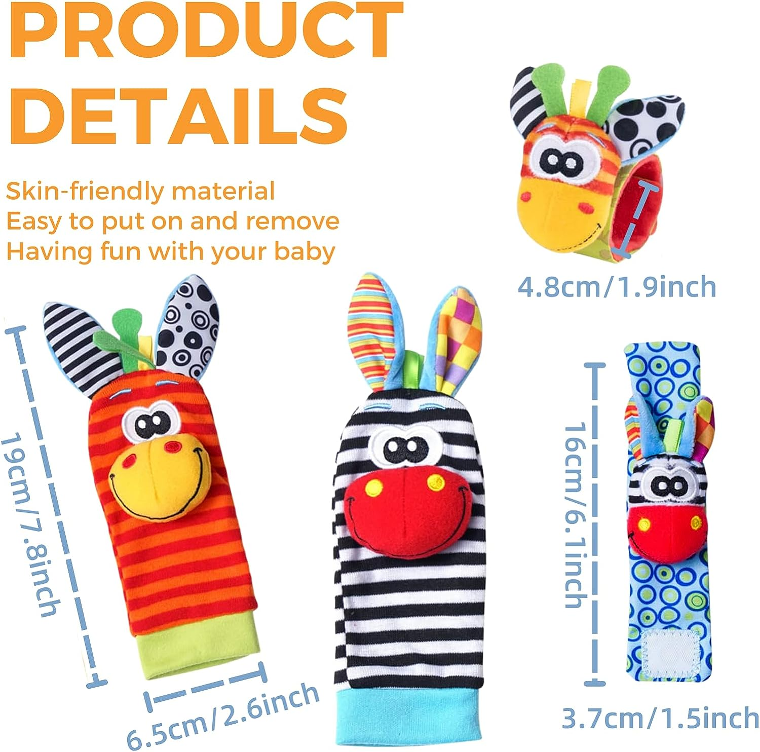 Baby Wrist Rattle Foot Finder Socks 4Pcs,Newborn Sensory Learning Toys for 0-3-6-12 Months, JOMWEN Cartoon Animal Rattles Tummy Time Toy Gift for Baby Boy Girl, Hand Bracelet Rattle Foot Socks image number 1
