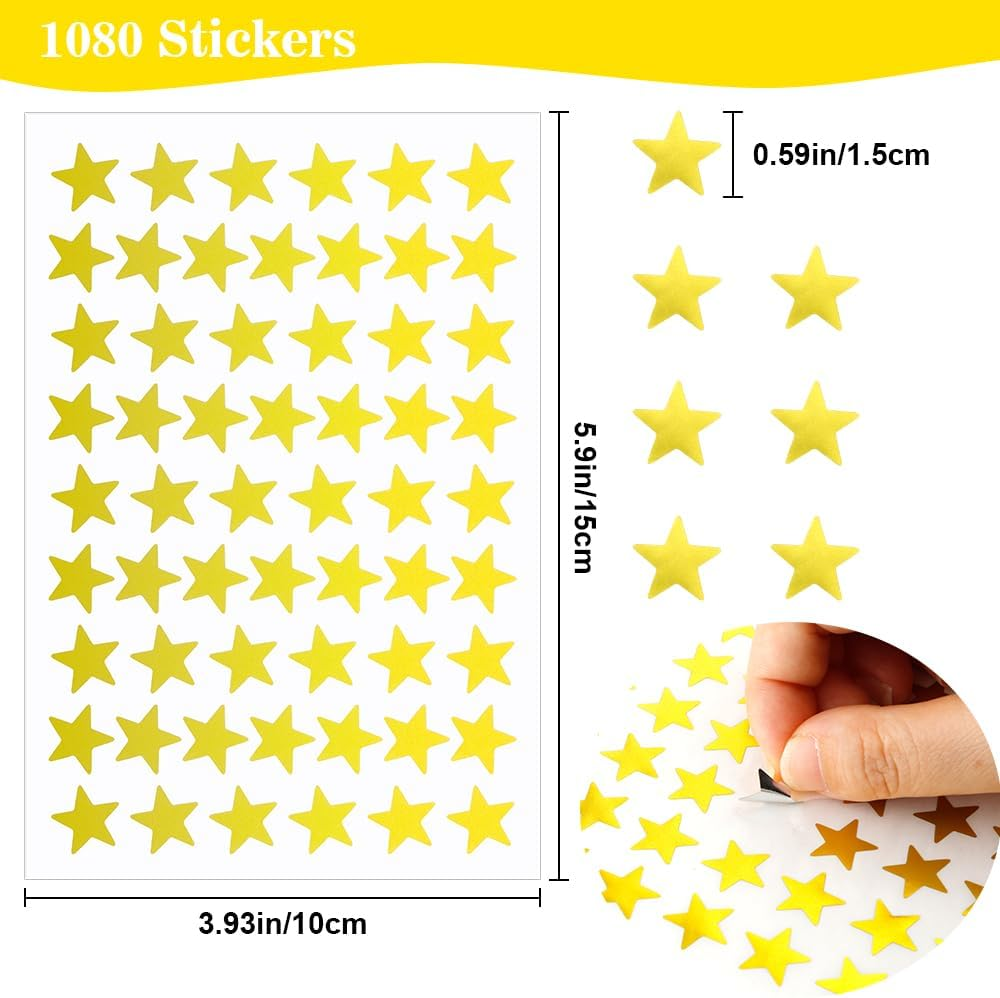 1080 PCS Gold Star Stickers, Small Star Stickers, 20 Sheets Foil Star Metallic Stickers, Star Sticker for Kids Reward, School Planner, Behavior Chart, Classroom Teacher Supplies, DIY, Home
