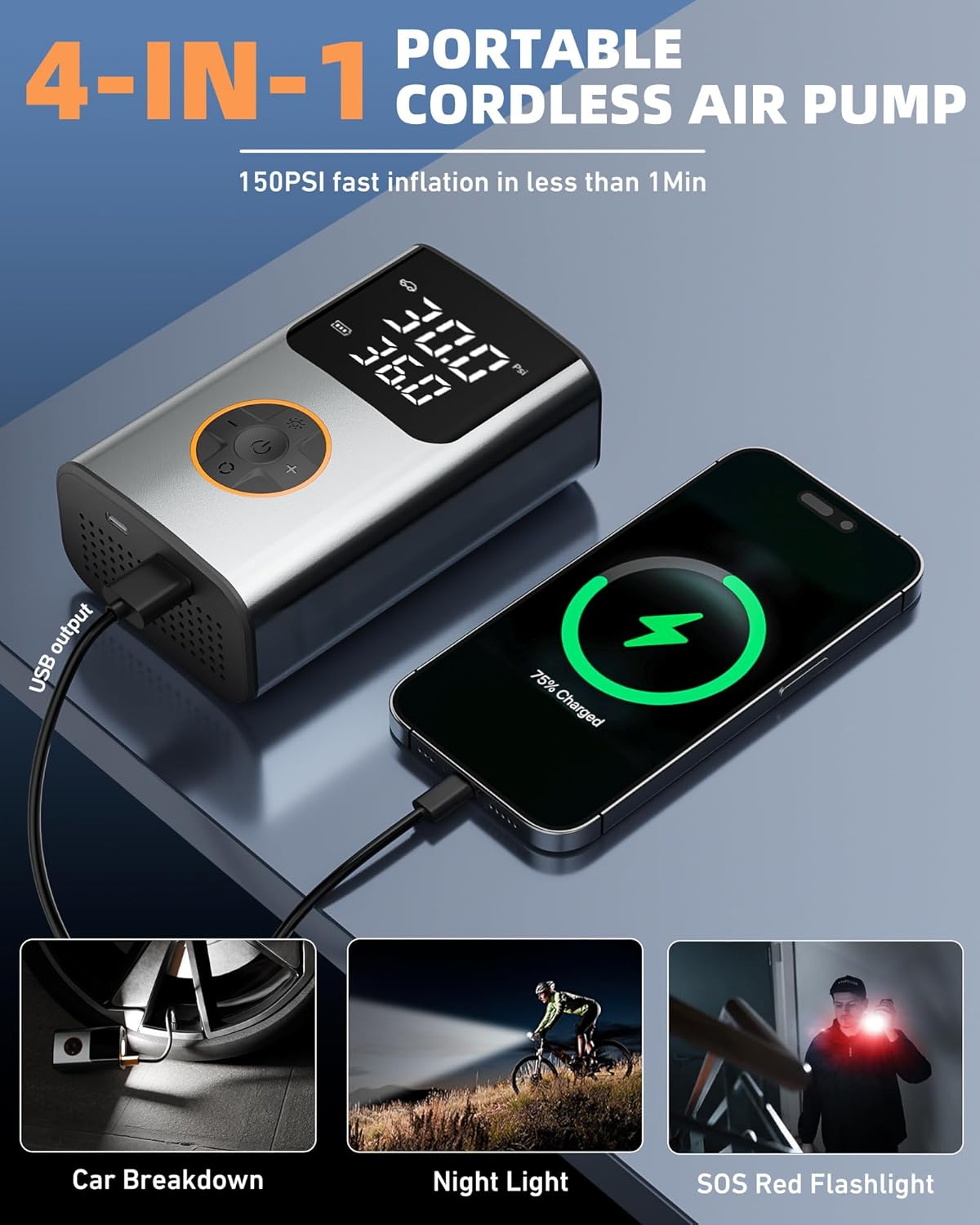 Tire Inflator Portable Air Compressor, Bike Pump, 150PSI Air Pump for Car Tires with Digital Tire Pressure Gauge and Auto Shut-Off, Air Compressor for Bicycle, Motorcycle, Compact Car, Ball image number 3