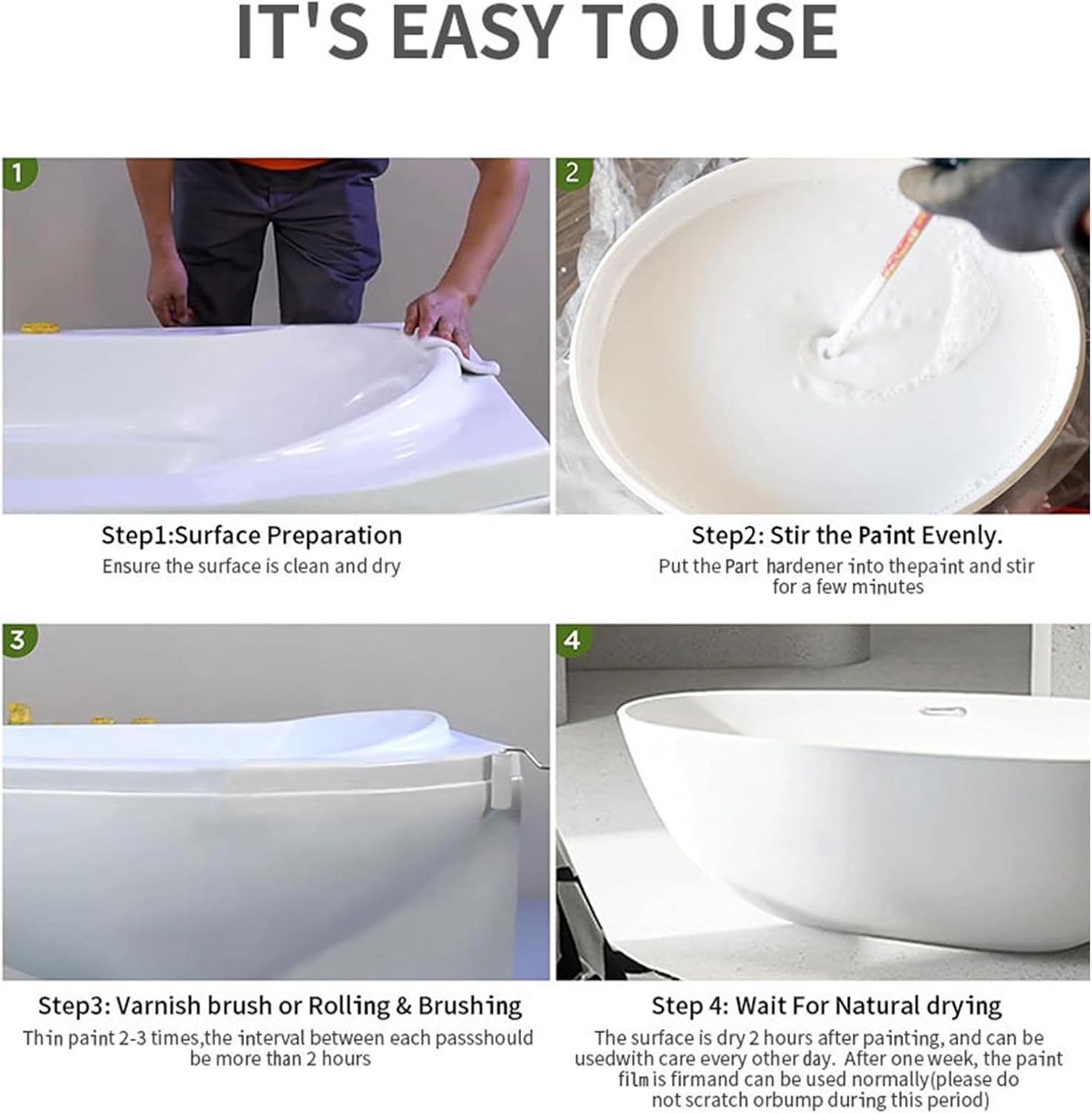 Tub and Tile Paint Kit, Bath Enamel Paint White Repair, 500G White Enamel Touchs-Up Paint, No Undercoat Needed - for High Moisture Surfaces - High Gloss- for Bathtubs, Tiles, Sinks, Showers