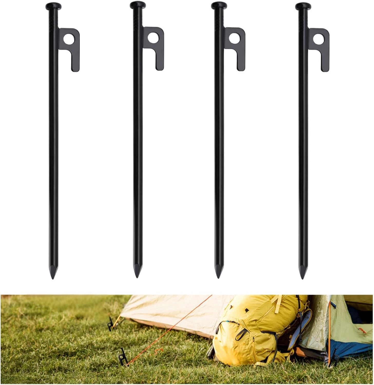 Tent Pegs, 4 Pcs Tent Stake Set, 7.87 Inch Heavy Duty Forged Steel Tent Stakes, for Camping Steel Stakes image number 2