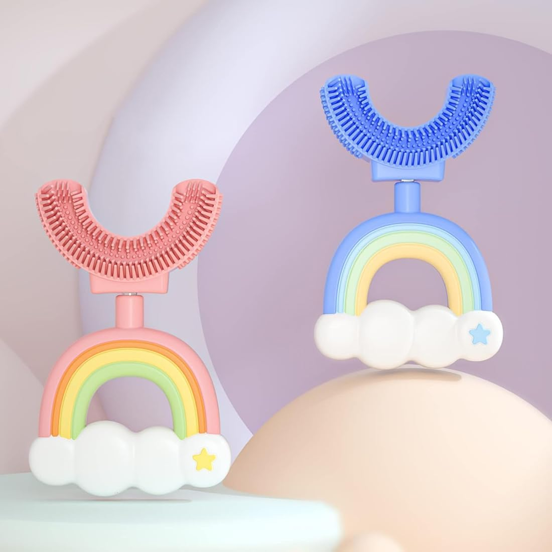 2Pcs U-Shaped Toddler Toothbrush, Flexible Cartoon Training Kids Toothbrush for Age 2-6 Years, Soft Food Grade Silicone Manual U-Shaped Toothbrush for Kids Travel Bathroom (Rainbow)