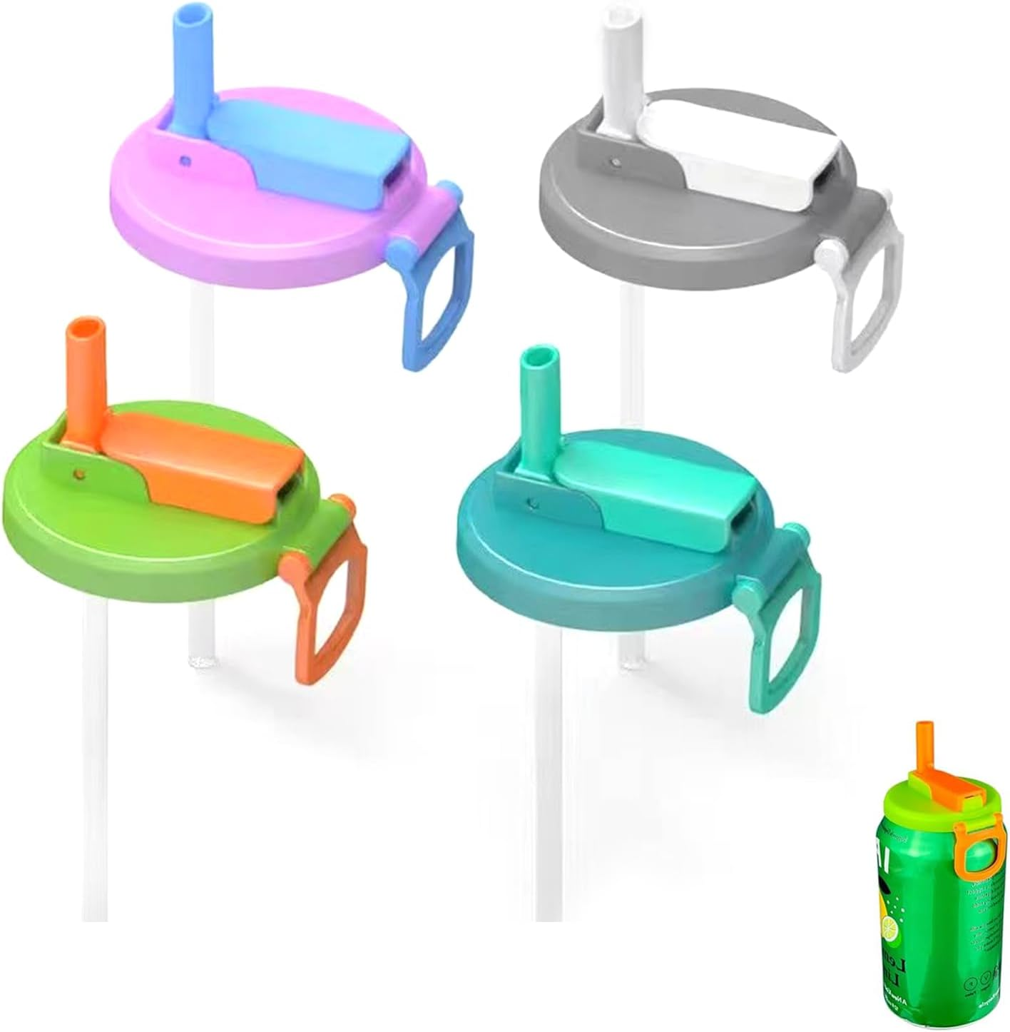 Soda Can Cover with Straw, 4 Pieces Spill-Proof Soda Can Lids, Silicone Lids for Soda and Beer Cans, Canned Beverage and Juice Drink Can Cover, Set of 4 image number 5