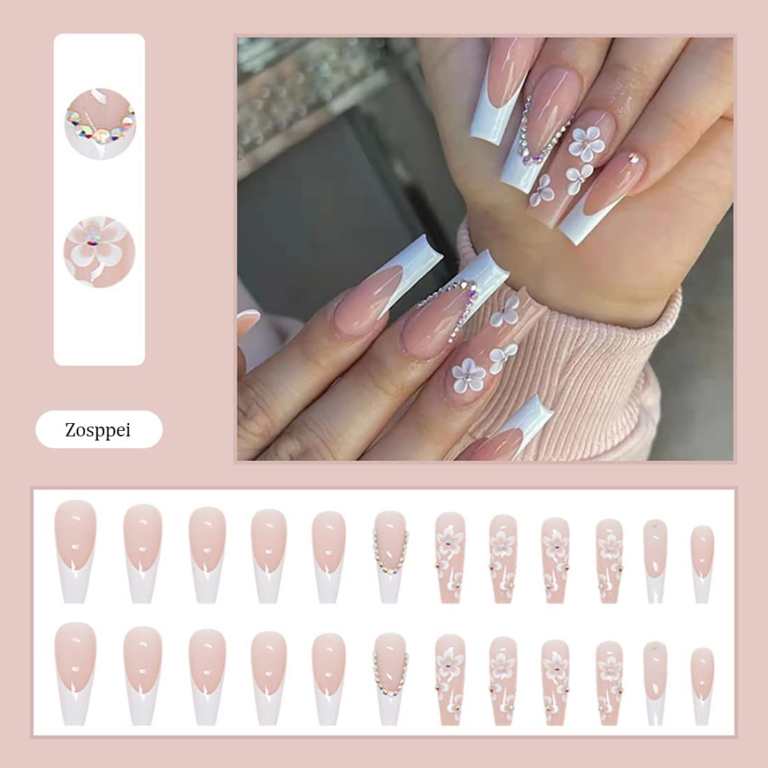 French White Press on Nails - 24 PCS Flower Fake Nails Long Coffin False Nails with Rhinestones Designs Stick on Nails for Women Girls Party Salon image number 6