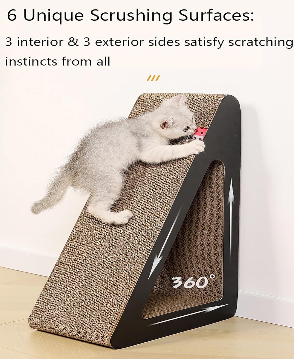 Triangle Cat Scratcher Lounge with Interactive Ball, Reversible Scratching Pad & Resting Bed for Indoor Cats, 38Cm Large Corrugated Cardboard Toy image number 2