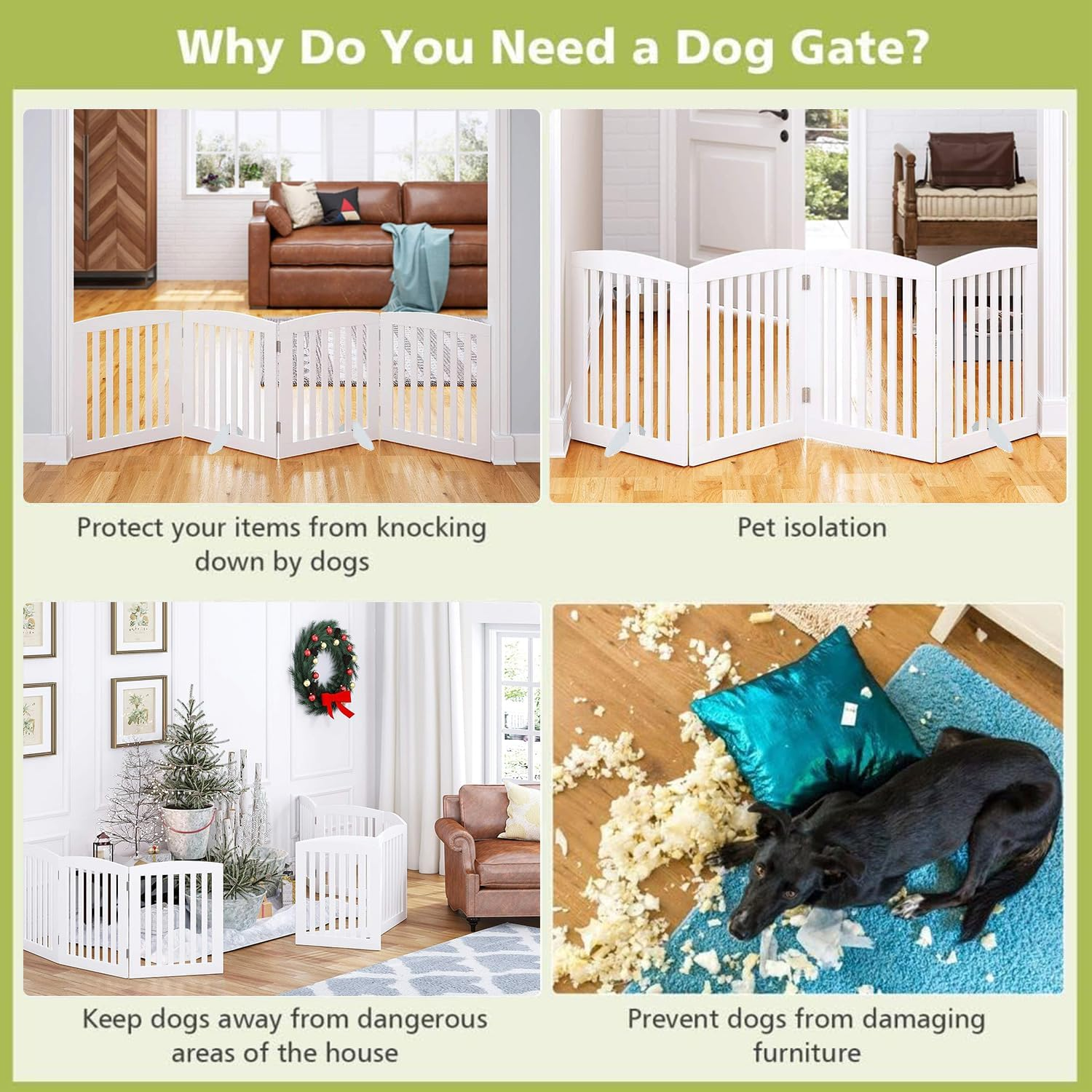 LIODUX Wooden Freestanding Pet Gate for Dogs, Foldable Wooden Dog Gates with 2PCS Support Feet, for Doorways Stairs, Indoor Pet Puppy Safety Fence, Extra Wide, 60CM High, 150 CM Wide (White,3 Panels) image number 4