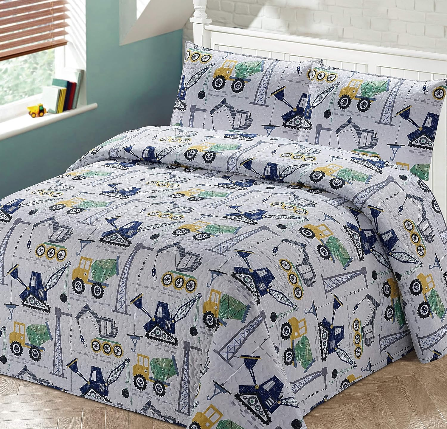 Kids Zone Home Linen Bedspread Coverlet Quilt Set for Boys Multi-Color Train Choo-Choo Rail Roads Tracks Wagon Blue White Red (Twin) image number 1