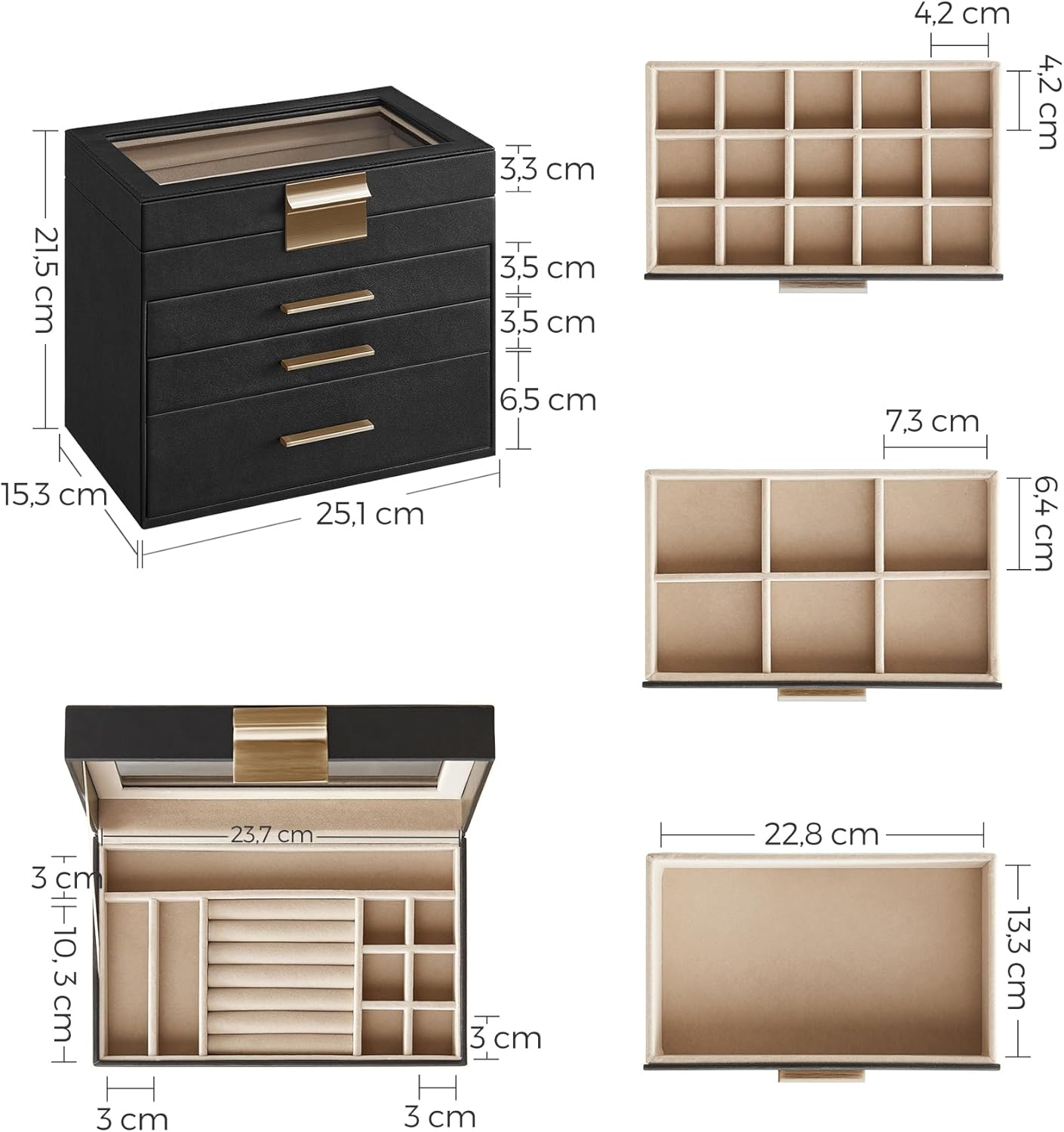 SONGMICS JBC161B02 4 Tier Jewellery Box with Glass Lid 3 Drawers Sunglasses Large Jewellery Storage Modern Graphite Black Gold image number 5