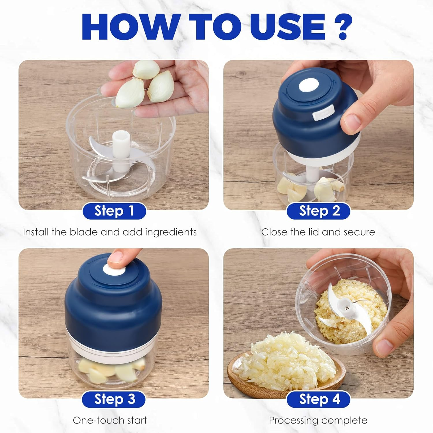 Rdjeokf Electric Garlic Chopper, USB Rechargeable Portable Food Processor, 250/300ML Garlic Grinder, Vegetable Chopper, Electric Food Crusher for Small Vegetable Onion Tomato Pepper Herb (250ML) - 320Ml image number 6