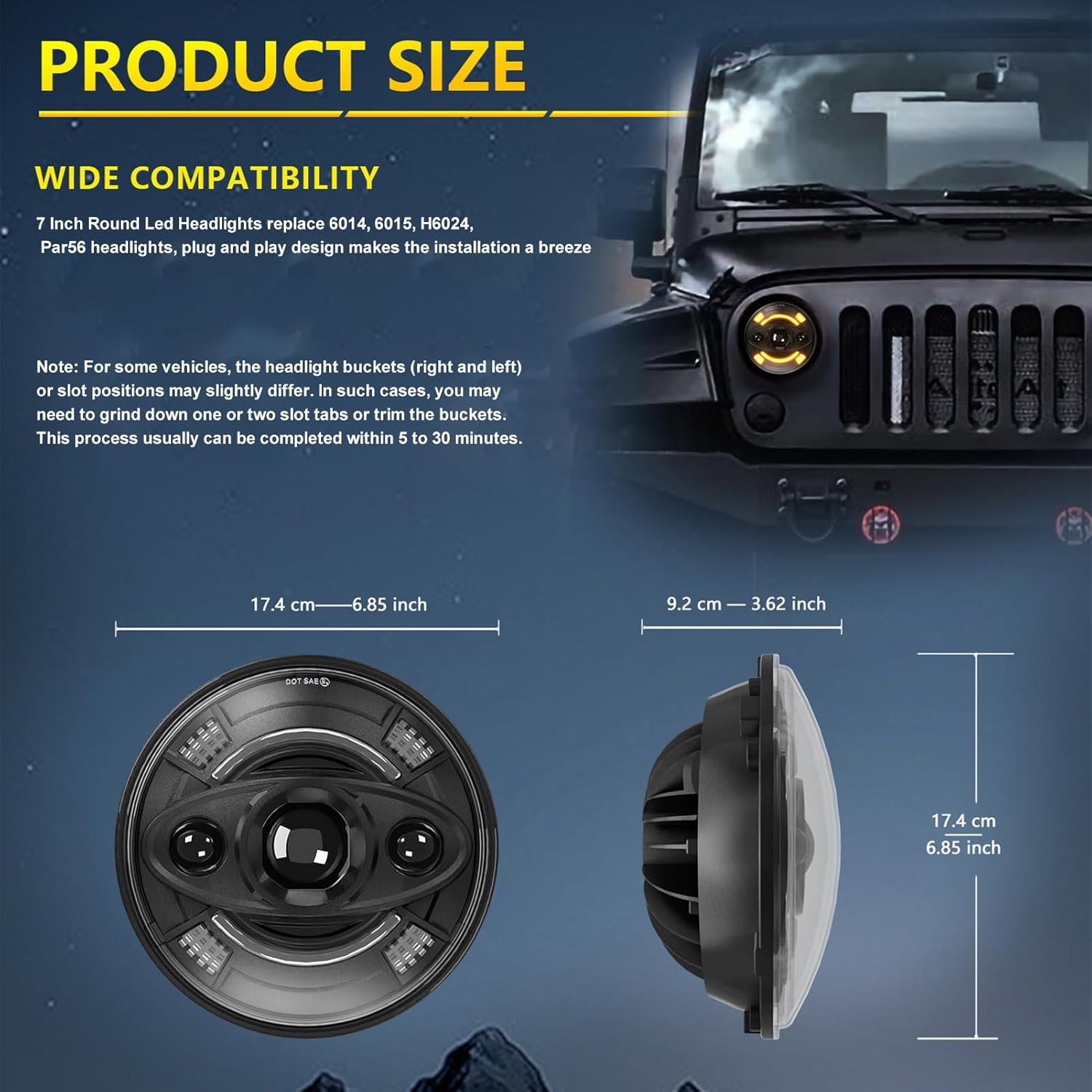 LAPOOH 1Pcs 7 Inch LED Headlight with Hi/Lo Beam, DRL and Turn Signal Waterproof 7 Inch round Headlight image number 1