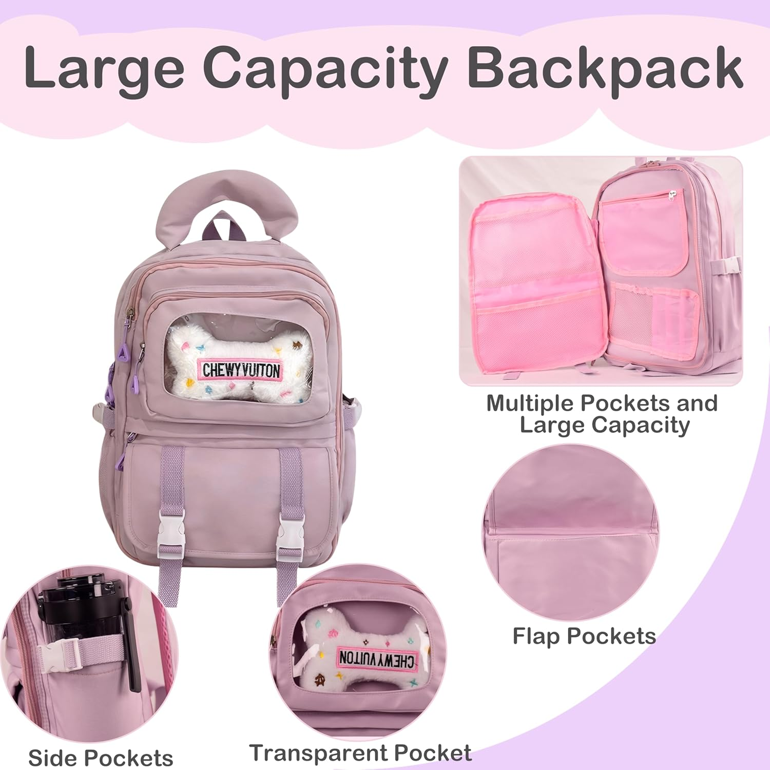 Lifelix Kawaii Backpacks Cute Bookbag for Girls Aesthetic School Schoolbag with Accessories - Purple image number 4