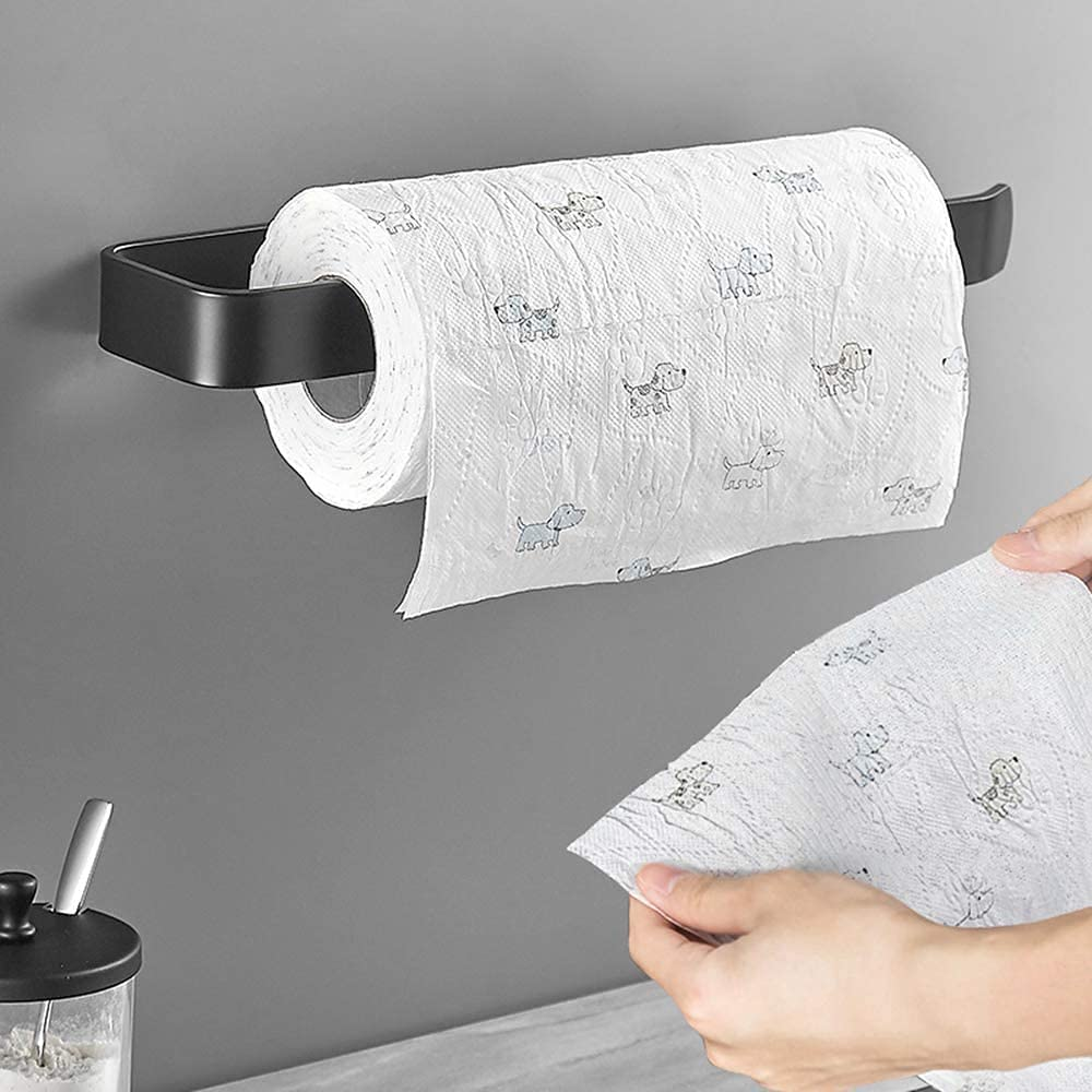 Paper Towel Holder, under Cabinet Paper Roll Holder, Self-Adhesive Kitchen Paper Towel Rack for Kitchen, Bath, Cabinet, Toilet, Paper Rack Metal Roll Paper Rack Hanging (Black)