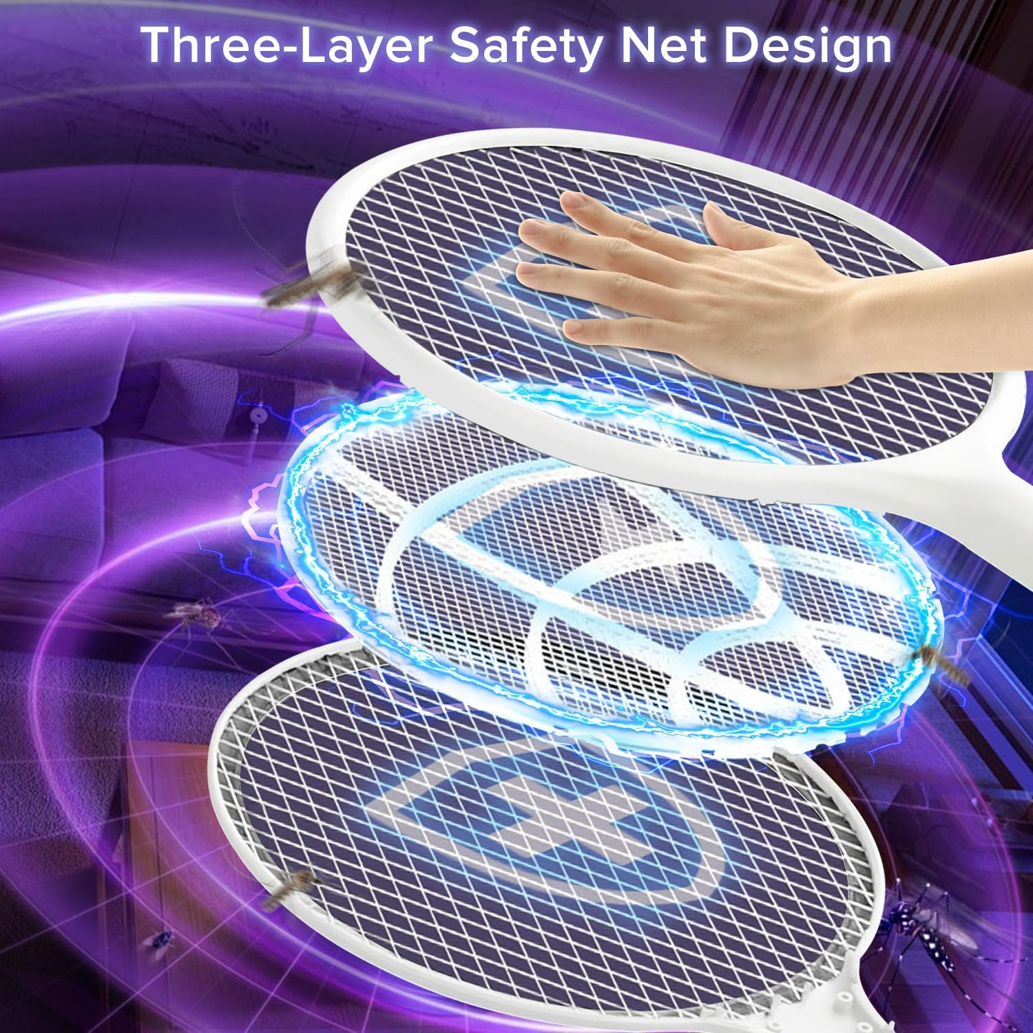 2000Mah Electric Fly Swatter, Yakiter 4000V Bug Zapper Racket with USB Rechargeable Base, 3-Layer Safety Mesh, 2-In-1 Powerful Mosquitoes Killer Lamp & Fly Killer for Indoor Outdoor (White) image number 1