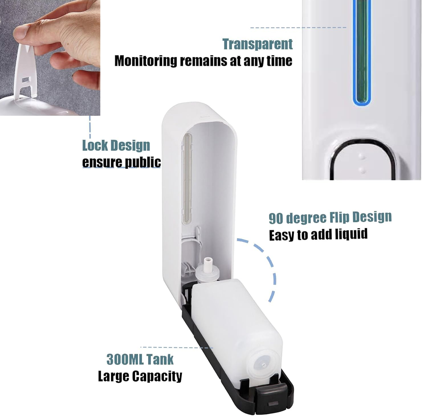 Dolphy 300ML Wall Mount Soap Dispenser | Manual Operation | ABS Plastic | White | for Liquid Soap, Shampoo, Conditioner | Easy Refill | for Bathrooms & Kitchens image number 3