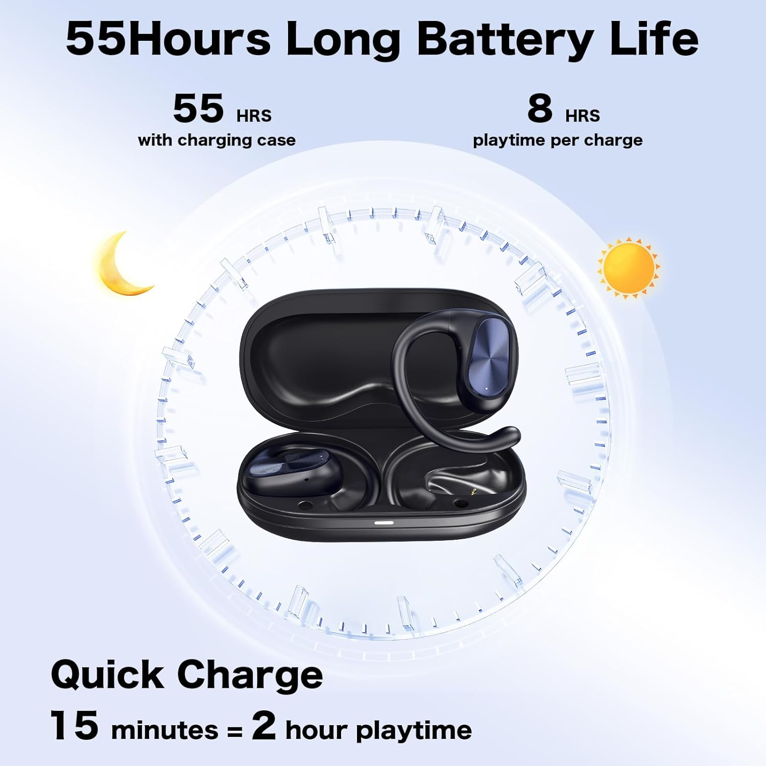 KIM HOST 020 Open Ear Headphones,Bluetooth 5.3 Earbuds Stereo Deep Basswith Earhooks, 55H Playtime, Crystal Clear Calls, Sweat Resistant Open Ear Wireless Earbuds for Workout/Running（Black） image number 5