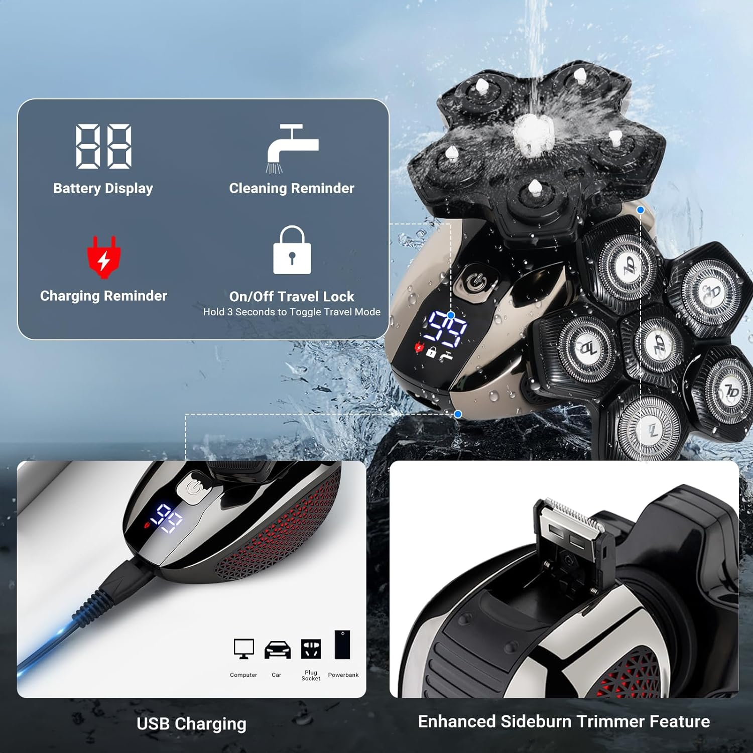 USOR Head Shavers for Bald Men, 5 in 1 Head Shaver 6D Rotary Razor Wet/Dry Led Display Rechargeable 100% Waterproof Shaver Grooming Kit with Clippers, Nose Trimmer, Brush, Massager for Travel image number 1