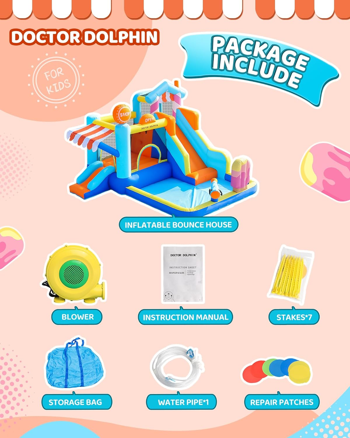 X Doctor Dolphin Inflatable Bounce House with Slide and Blower for Kids, Double Slide Jumping Inflatable Bouncer Blow up Bouncy Castle with Ball Pit for Indoors and Outdoors image number 5