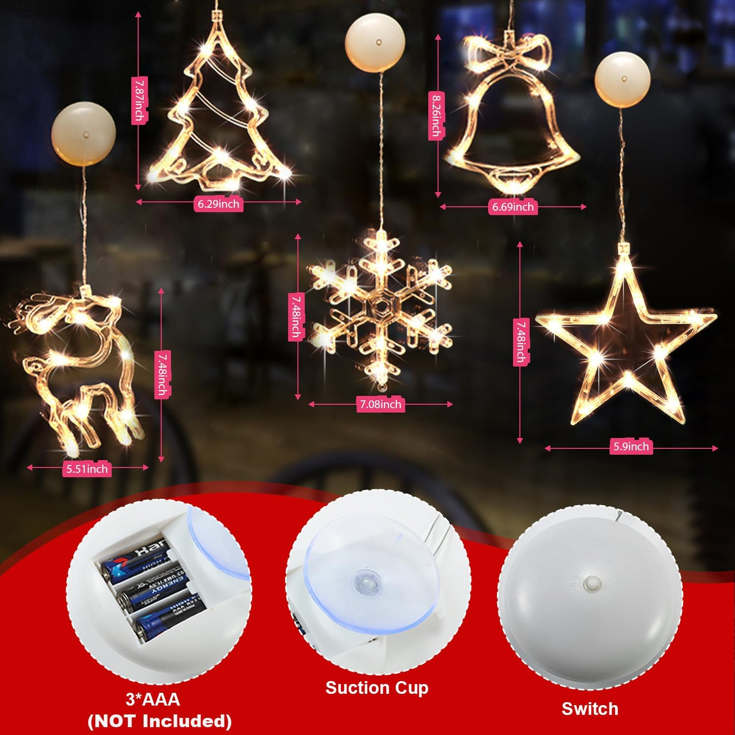 Christmas Decorations|5Pcs LED Christmas Window Lights Silhouette Decoration Lighted Bell-Tree-Reindeer-Snowflake-Star Battery Operated with Suction Cup image number 4