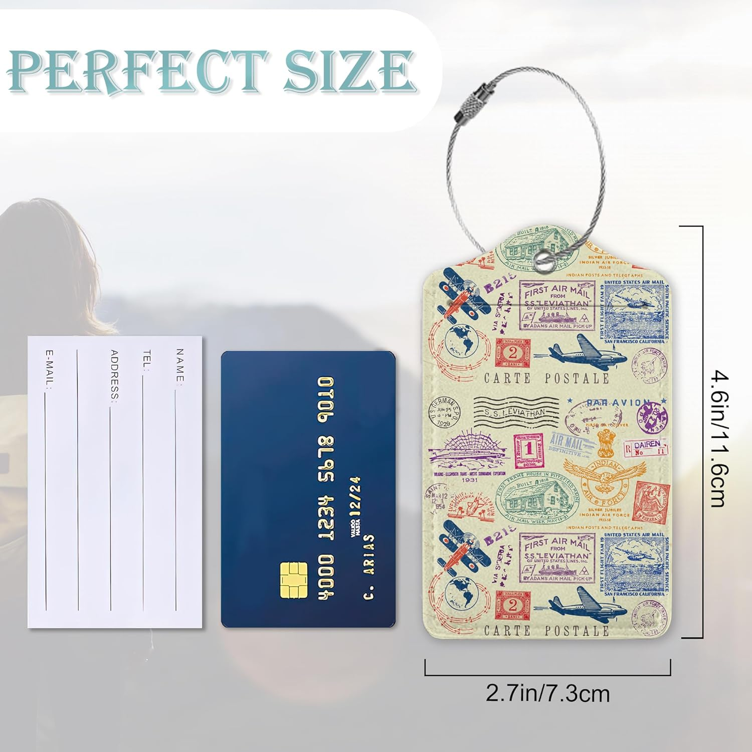 Travel Stamp Luggage Tags for Suitcase,2 Pack Retro Passport Carte Postale Luggage Tag Leather Privacy Cover ID Label with Stainless Steel Loop for Women Men Kids Girls
