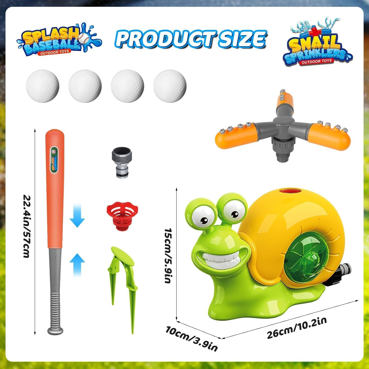 Water Sprinkler Baseball Toy for Kids Outdoor Play, 2 in 1 Snail Summer Water Game with 2 Sprinkler Heads, 360&deg; Roating Spray Water Baseball for Boys Girls Summer Backyard Lawn Pool Party Fun image number 4