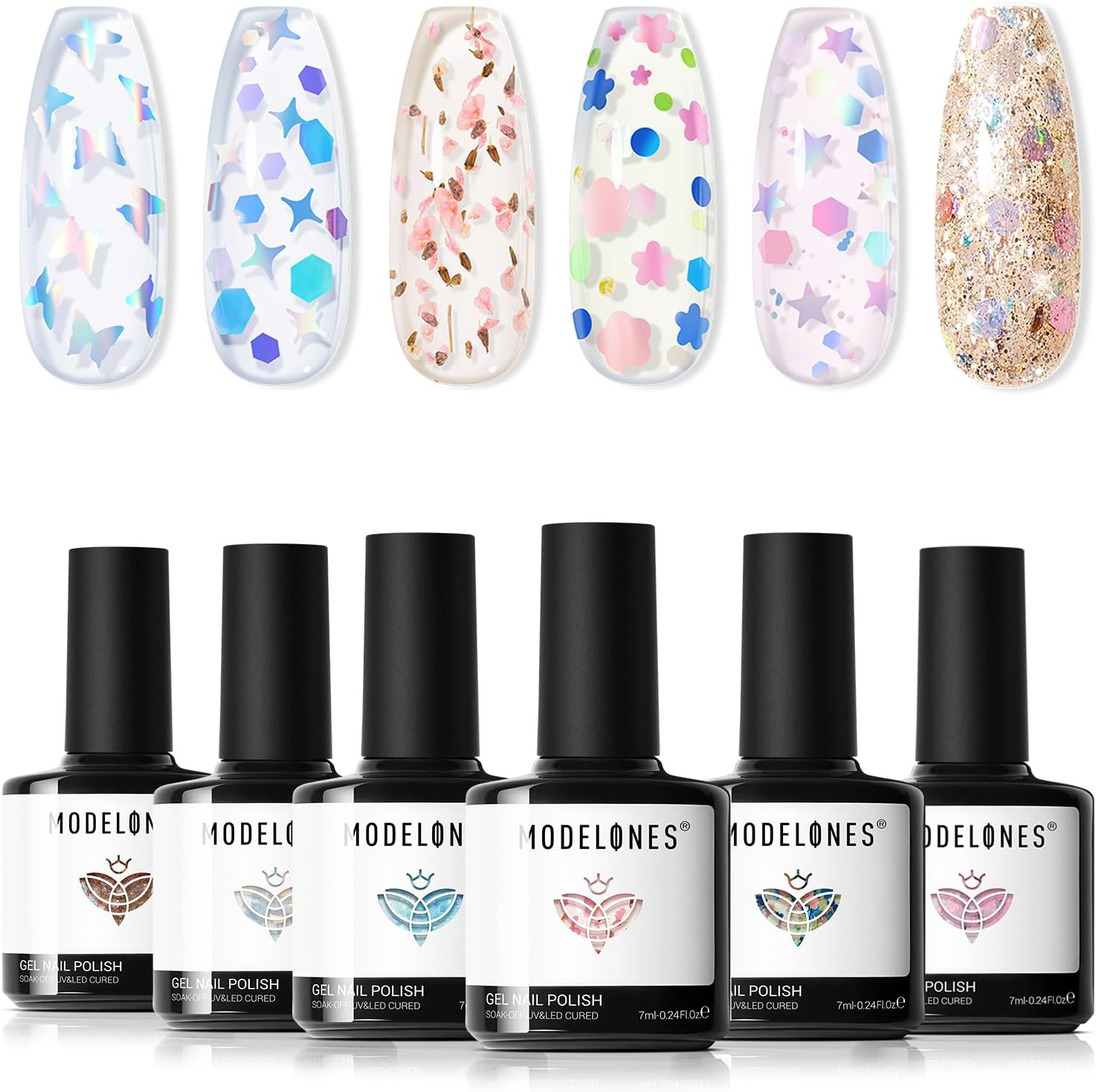 Modelones Glitter Gel Nail Polish Set, 6 Colors Dried Flower Laser Butterfly Blue Pink Star Shape Ornament Glitter Gel Polish Collection with Wooden Stick All Seasons Soak off LED Manicure DIY image number 2