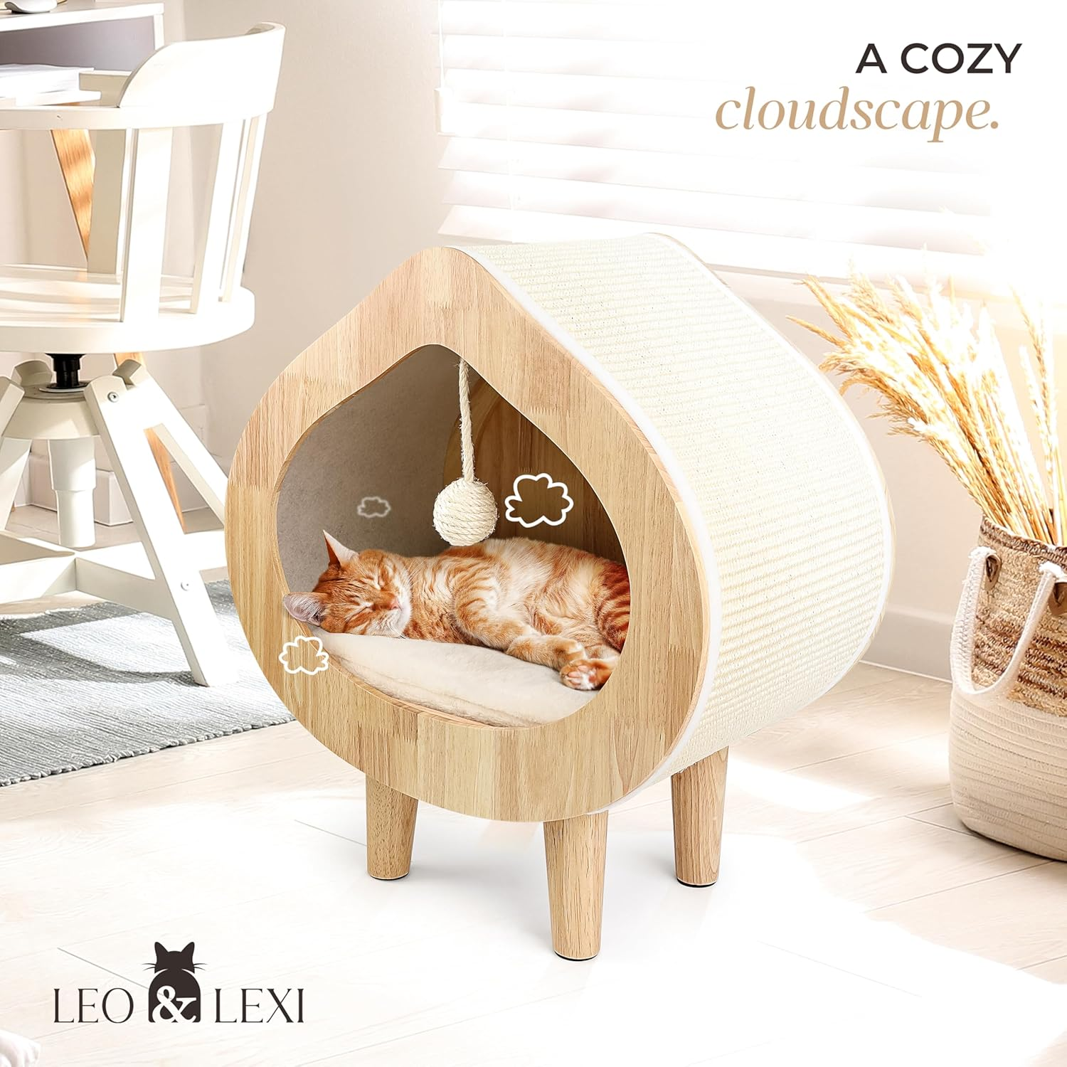 Unique Modern Cat Bed for Indoor Cats, House with Scratching Wall, Cozy Cave for Hideout, Cute Kitty Condo for Sleeping, Luxury Cat Beds & Furniture image number 4