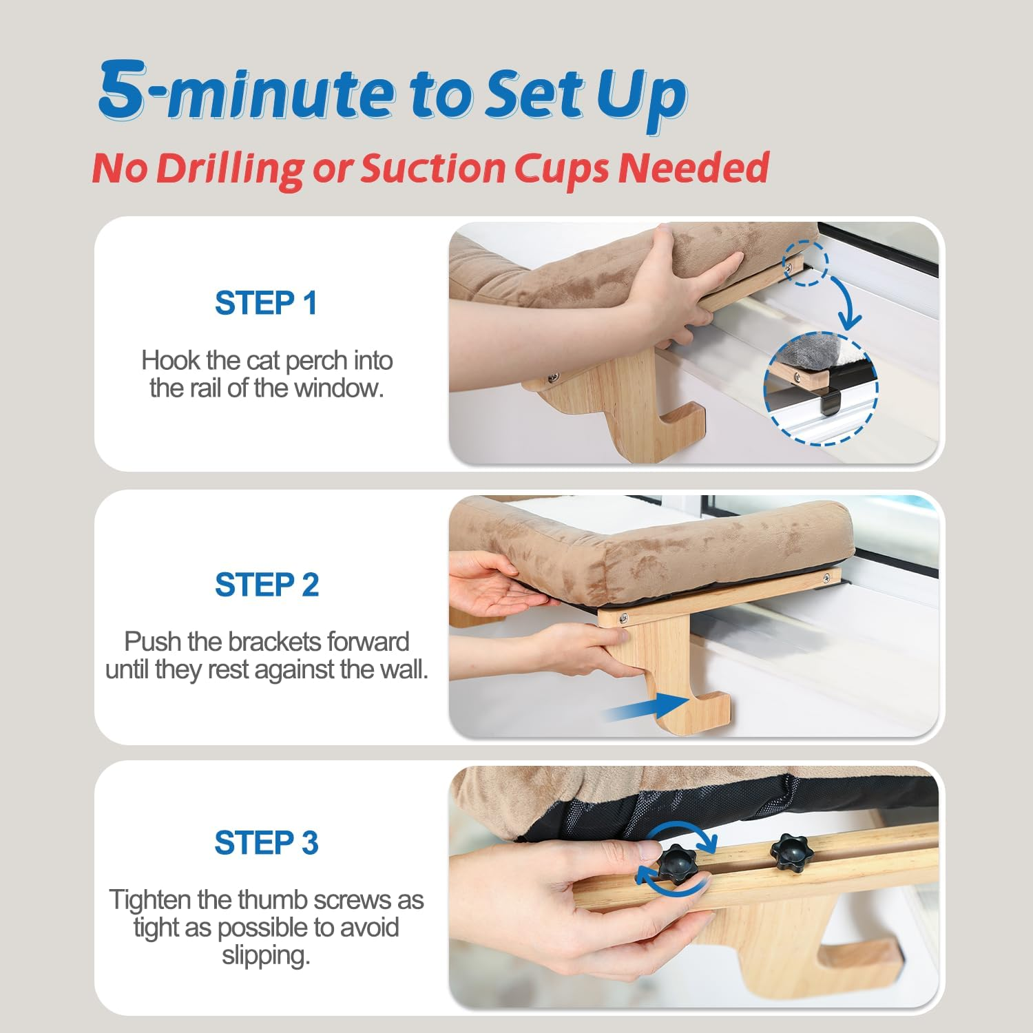 Zakkart Cat Perch for Window Sill with Bolster - Orthopedic Hammock Design with Premium Hardwood & Robust Metal Frame - Cat Window Seat for Large Cats and Kittens - Dark Stained Wood with Gray Bed