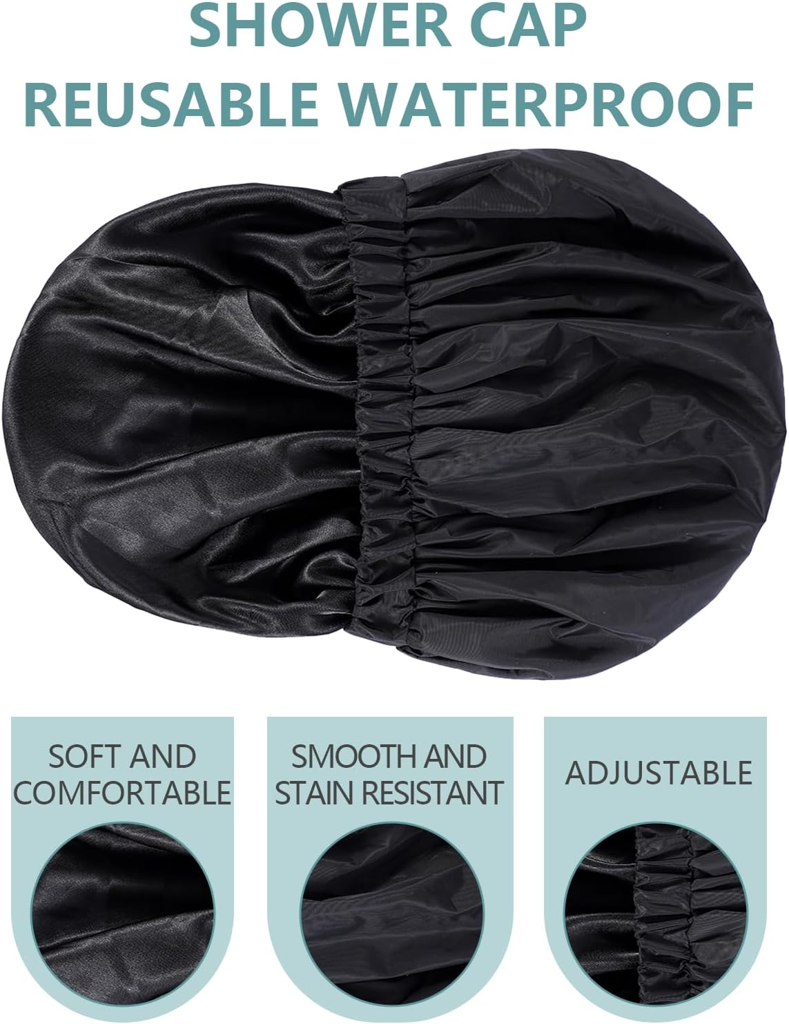 Years Calm Reusable Waterproof Shower Caps for Women, Hair Caps for Showers, Double-Layer Elastic Design, for All Hairstyles, Travel-Friendly (Black) image number 1