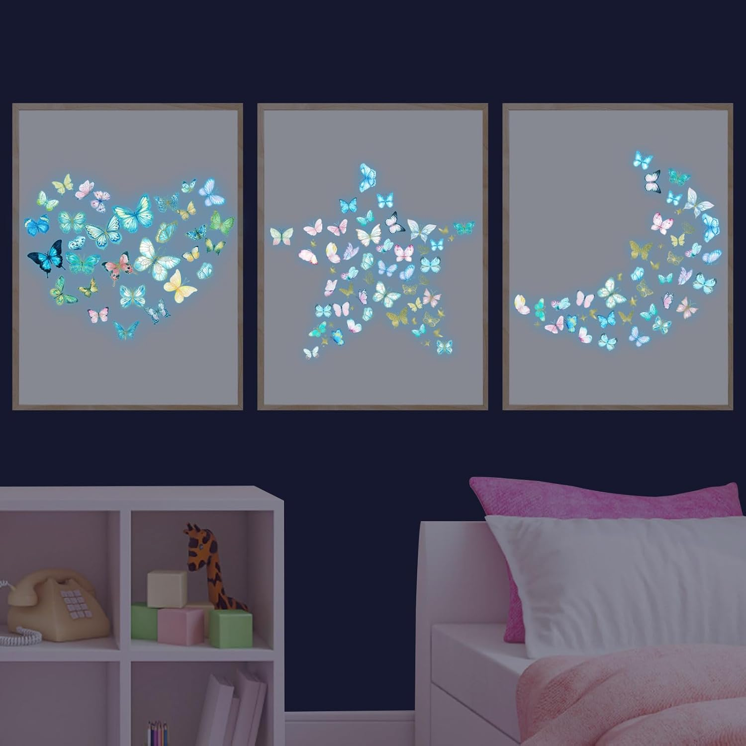 Glow in the Dark Butterfly Wall Decals，Glowing Luminous Butterfly Wall Stickers Colorful Removable Self-Adhesive Butterfly Decals for Girls Bedroom Kids Baby Nursery Living Room Decoration - Blue image number 4