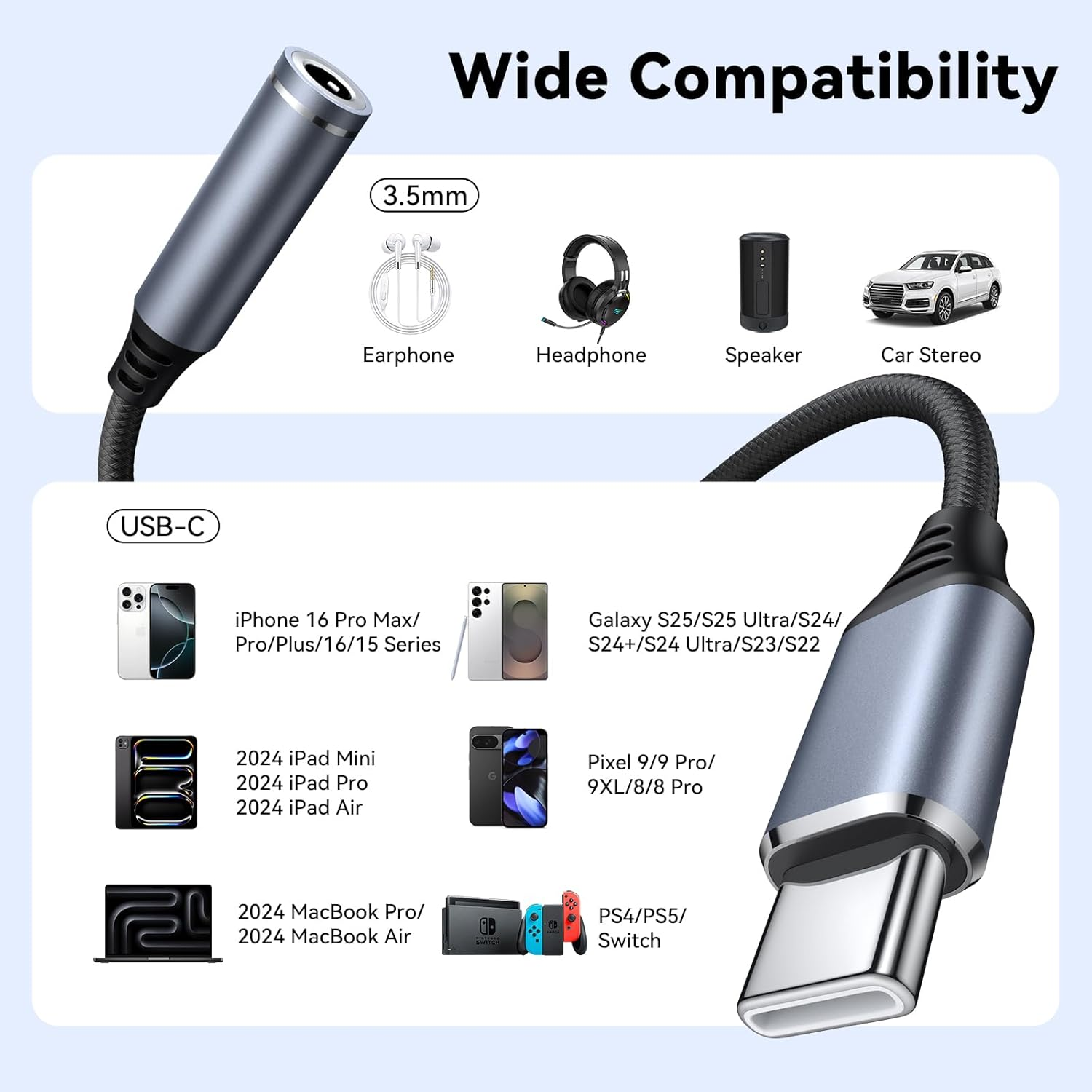 USB C to 3.5Mm Headphone Adapter Jack Audio Adapter Cable Cord for Samsung Galaxy S25 Ultra S24 S23 A55 A56 A15 A35 A54 A34 A14 A53 A33 A25 A23 A13 A04S A52 A32 A22 A12 A51 S22 S21 S20 FE image number 2