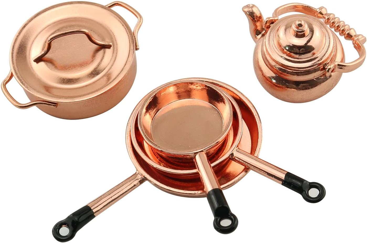 TAODAN Dollhouse Kitchen Cookware 1/12 Scale Miniatures Metal Frying Pans, Kettle, Copper Pots with Lids for Dollhouse Kitchen Accessories Christmas Birthday Gift Miniature Stovetop Cookware image number 1