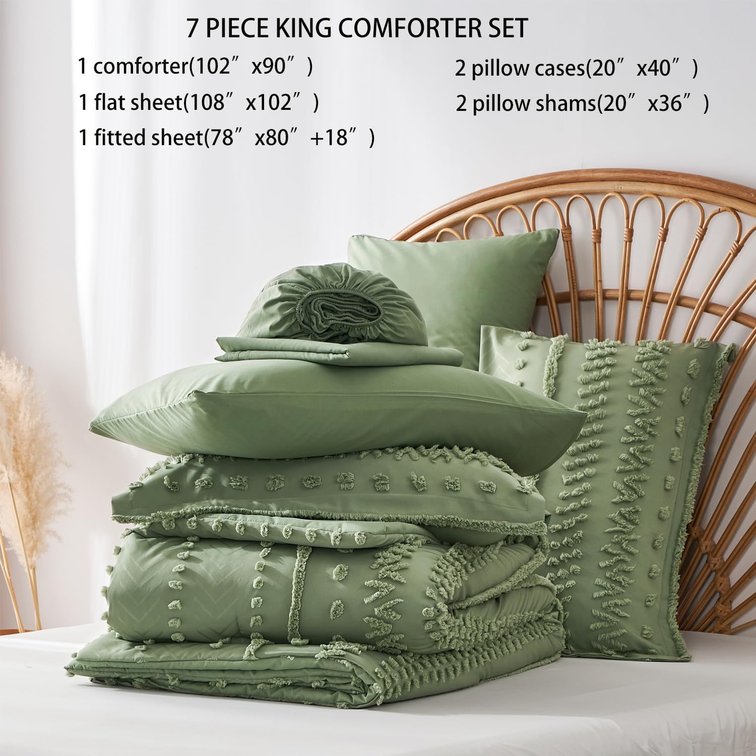 7 Pieces King Size Comforter Set, Sage Green Tufted Boho Shabby Chic Bed in a Bag Comforter and Sheet Set, Soft Microfiber Lightweight Bedding Set for All Season (Green,King)