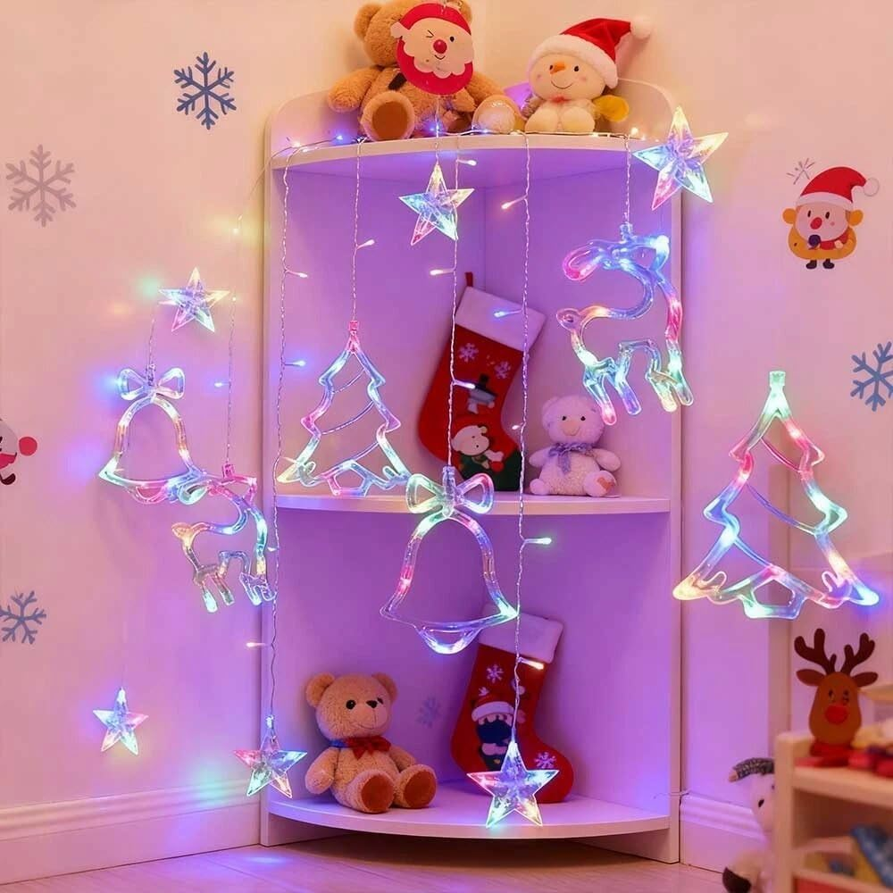 Christmas Window Lights, 3M Christmas Decorations Indoor Lights with Christmas Tree Bell Reindeer Star, Hanging Decors Lights for Party Home Window(Multicolor) image number 1