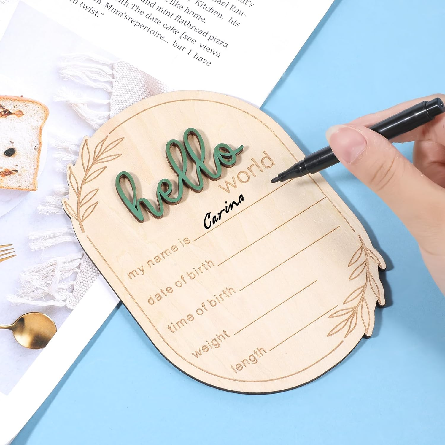 Baby Announcement Sign, 5.9 Inch Wooden Hello World Newborn Signs Birth Baby Name Plaques Birth Announcement Sign for Newborn Boys and Girls Photo Prop Ba-By Shower Hospital Nursery Gift image number 5