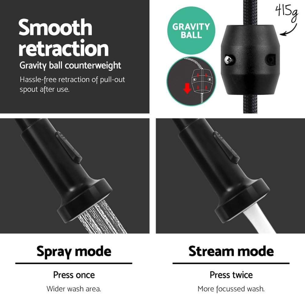 Cefito Kitchen Tap, 360&deg; Gooseneck Sink Mixer Taps Pull Out Spray Head Rotating Faucet Water Aerator Extender for Home Bathroom Laundry, Brass Body Hot and Cold Switch Retractable 120Cm Length Black image number 6