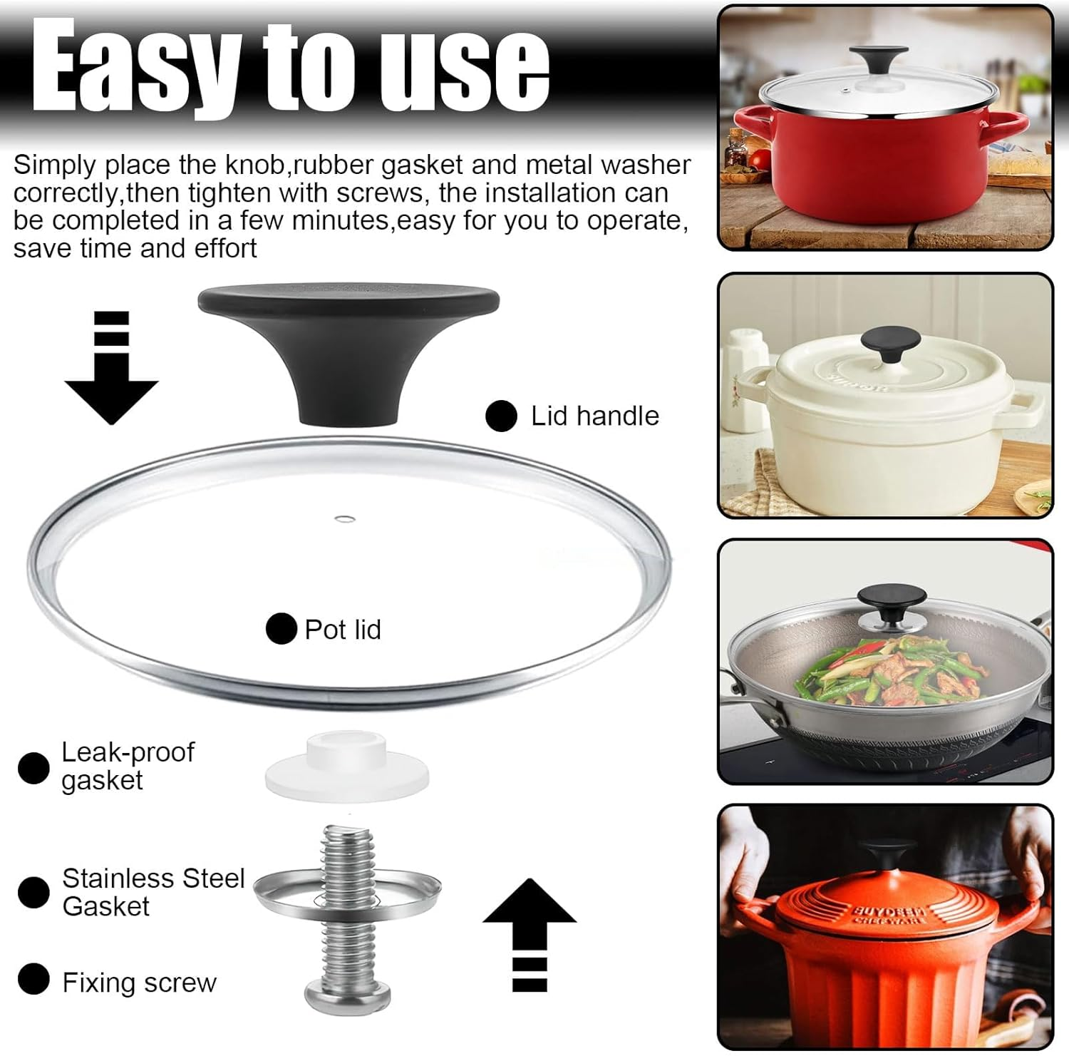 Universal Pot Lid Knobs, 6 Pcs Pot Lid Replacement Knob, Pot Lid Knobs for Frying Pan, Slow Cookers, Skillets and Non-Stick (Black) image number 6