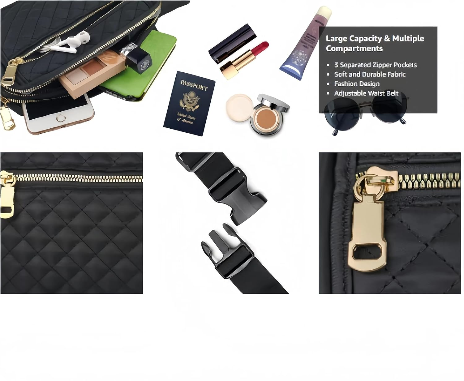 Fanny Packs for Women,Fashionable Crossbody Belt Bags Waist Pack for Teen Girls,Bum Hip Bag for Travel Hiking Cycling Running,Easy Carry Any Phone,Wallet, Black, One Size, Fashion image number 2