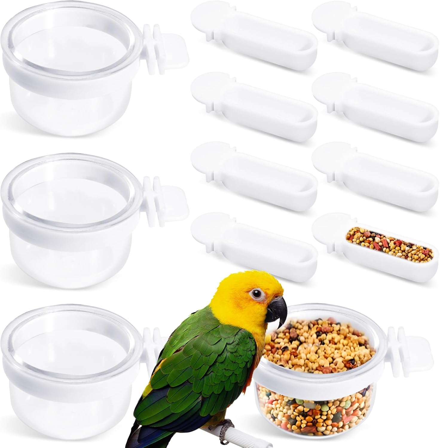 4 Pcs Small Bird Detachable Transparent Bowl with 8 Pcs Small Food Cups, Parrot Plastic Food Feeder Convenient Hanging Food Cups for Canary Finch Parrot (Transparent) image number 6