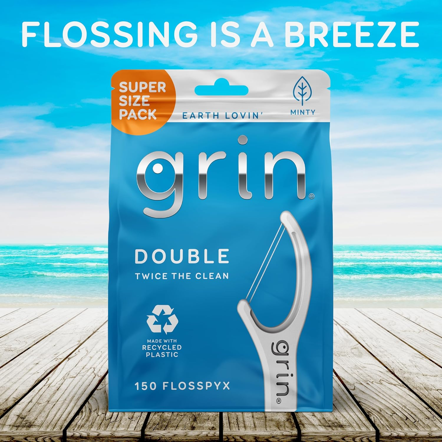GRIN Double Flosspyx, Floss Picks, 150 Ct, Dental Flossers, Minty Flavor, Recycled Plastic, 2 Lines of Strong Floss, Longer Floss Head, Traps Food and Plaque, Includes Safe Soft Fold-Back Tooth Pick image number 4