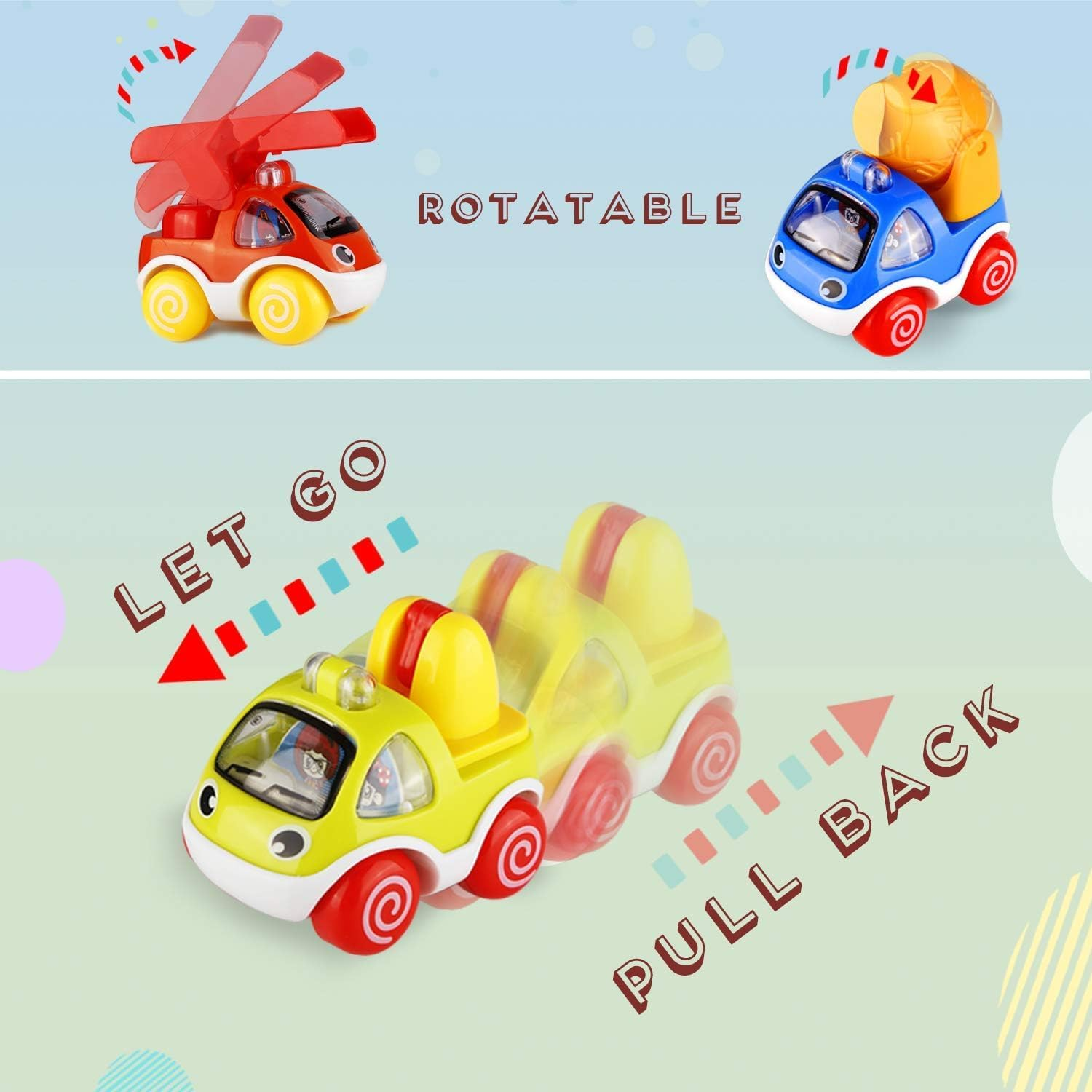 Pull Back Cars, Toy Cars for Toddlers, Push and Go Vehicles Toys Friction Powered Car Toys Christmas Birthday Present for Kids, Boys and Girls (6 Pcs) image number 5