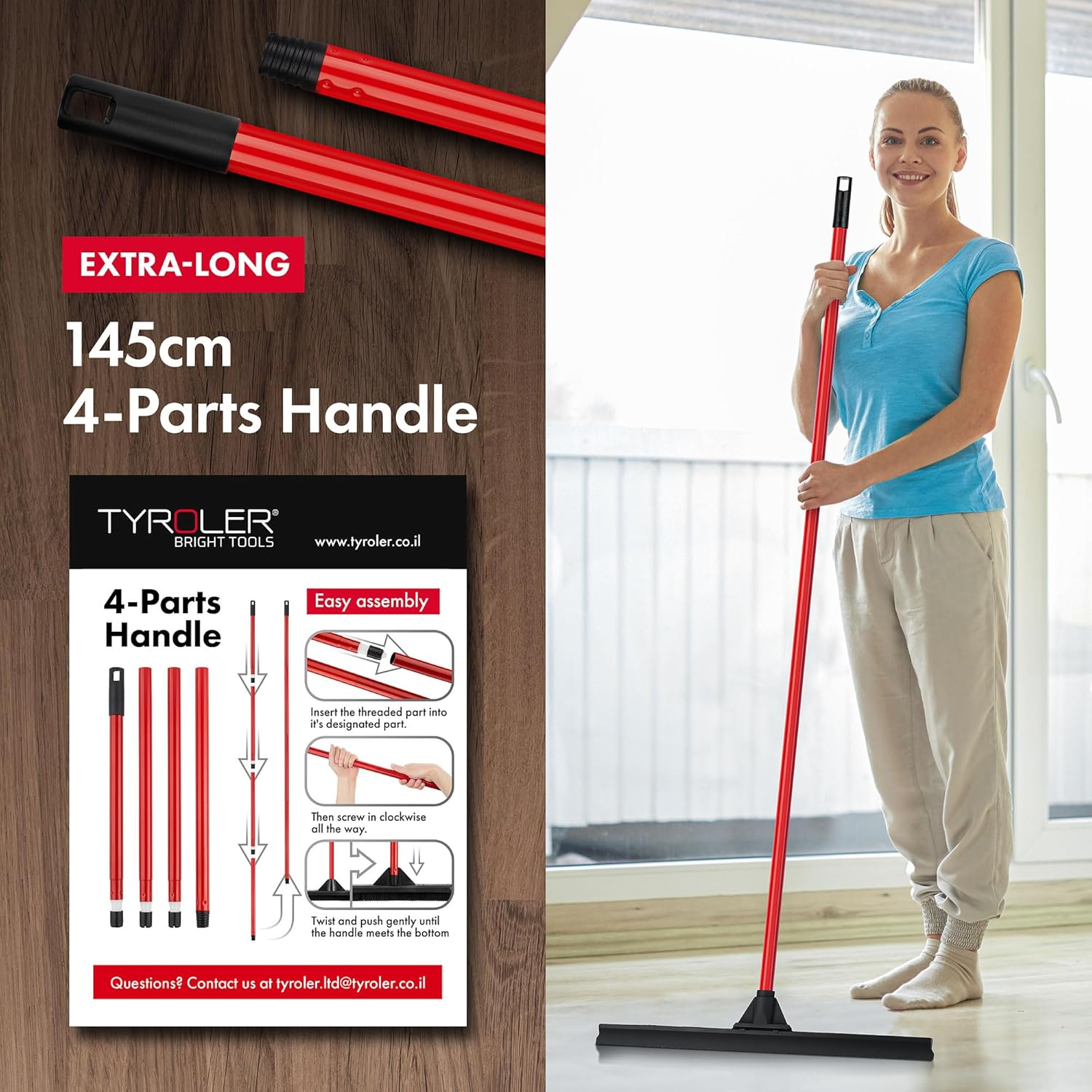 Tyroler Bright Tools Floor Cleaner Squeegee Extra-Wide 60 Cm, Solid 100% Natural Rubber, Long 4 Parts Handle 140 Cm - Dries Flat & Curved Surfaces- Best for Washing,Drying,Bathroom,Wet Room,Floor image number 1