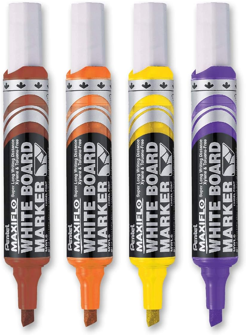 Pentel Maxiflo Whiteboard Marker Chisel Point 3.0~7.0Mm Nib Wallet of 4 Assorted Colours (MWL6-4E) image number 1